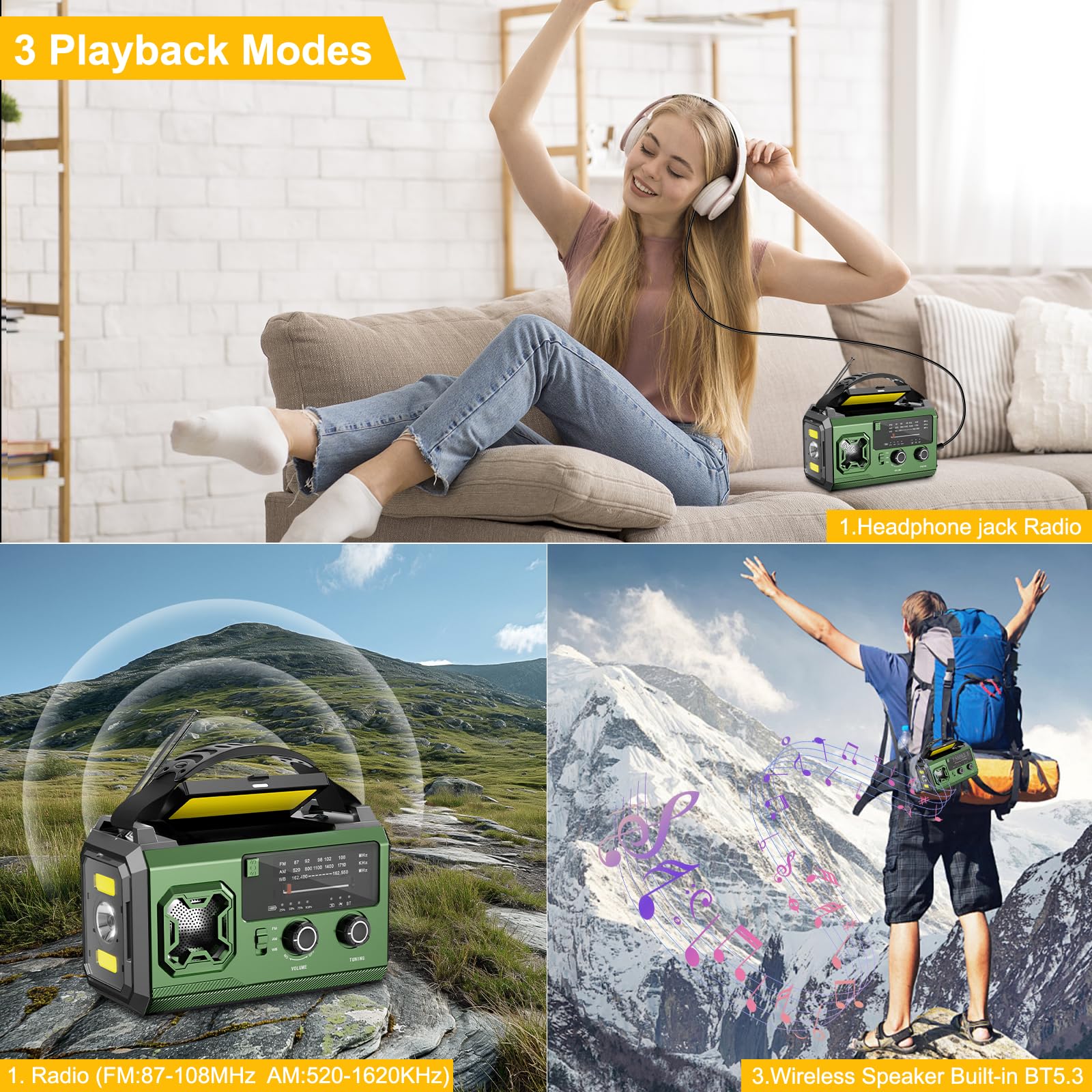 Radio de manivela de 27000 mAh, radio de emergencia FM/AM con Bluetooth, radio solar portátil con cargador para móviles, radio de emergencia con alarma SOS/linterna/brújula para camping al aire libre