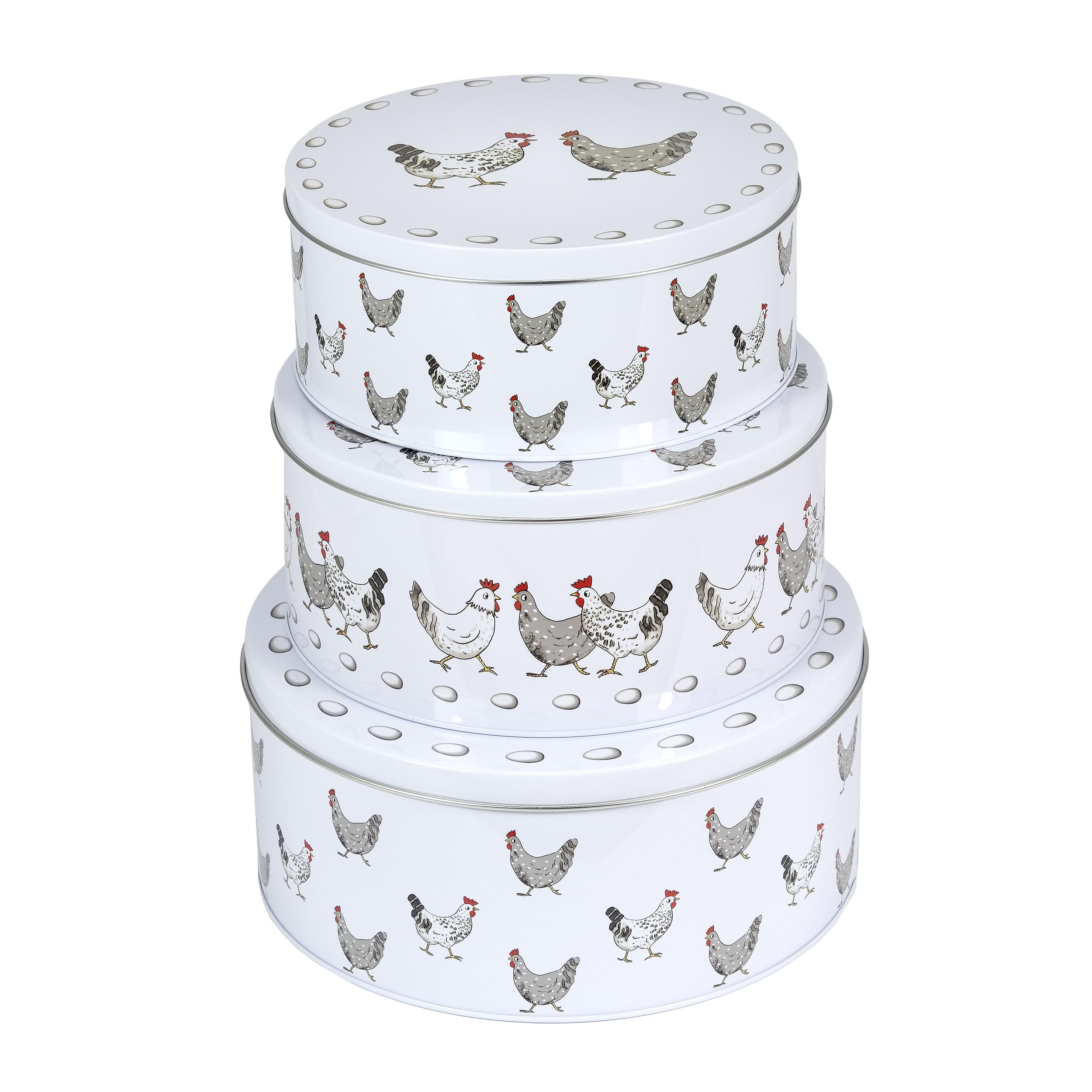SPOTTED DOG GIFT COMPANY Puszki do przechowywania ciast, zestaw 3 okrągłych puszek na ciasto, do przechowywania ciast, ciastek i słodyczy, pojemniki o tematyce kurczaka z hermetycznymi pokrywkami