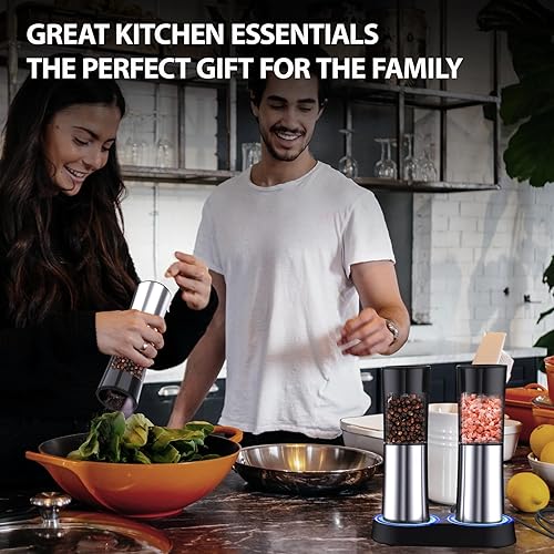 Miniatura 7 de Sobtoe Juego de molinillo eléctrico de sal y pimienta por gravedad, molinillo de sal y pimienta automático recargable con grosor ajustable, salero