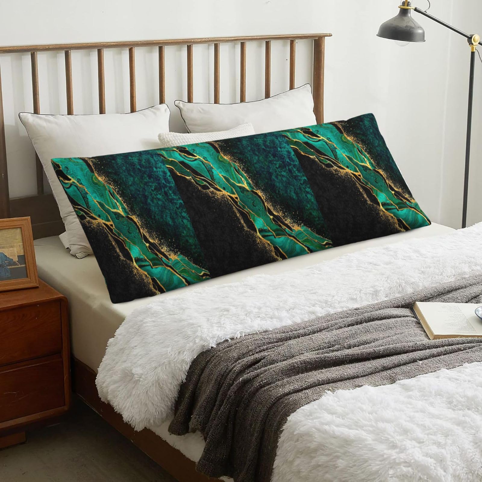 Black Teal Marble Green Malachite With Golden Veins Gold Spots, Body Pillow Cover with Zipper,Long Body Pillowcase 20 x 60 in