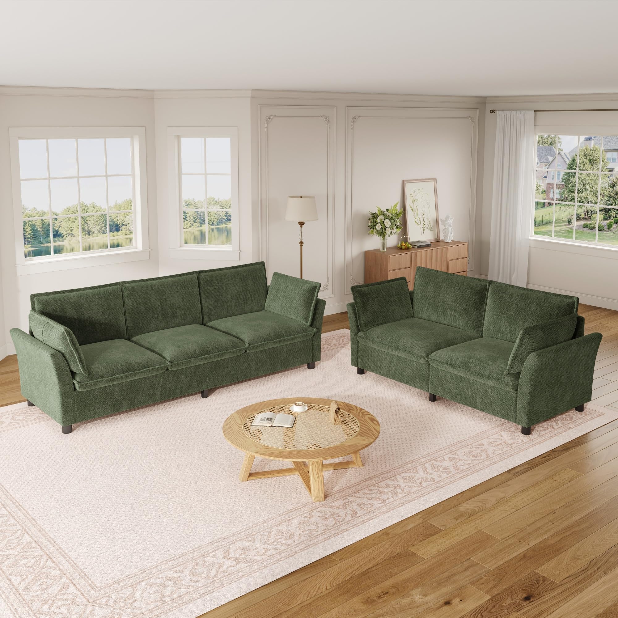 Idemon Combinación de sofá modular de 3 a 2, se puede combinar libremente, sofá de salón, tela de chenilla, 3 plazas + 2 plazas, con cojín, acolchado suave, comodidad en la nube, diseño moderno, verde