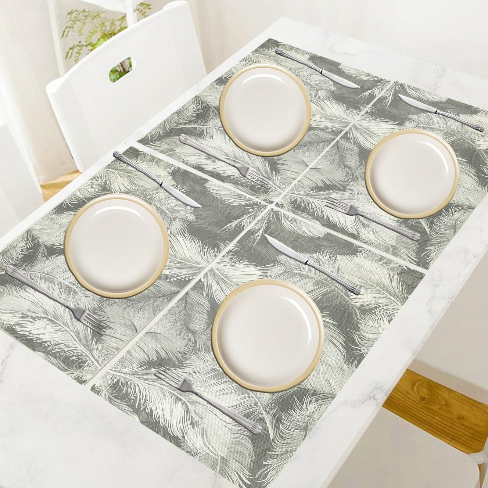 Tovaglietta Americana Sogno in Cotone Lino Rettangolare - Tovagliette Set di 8 Piume Bianche Resistente al Calore per La Cucina, Il L'Ufficio, 30 x 45cm