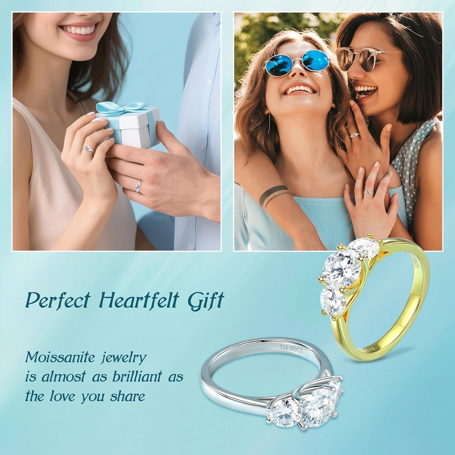 3-Stone Moissanite Engagement Ring, 2.0cttw D Color VVS1 Moissanites 925 Sterling Silver Engagement Ring for Women Anniversary Wedding Jewelry Gifts