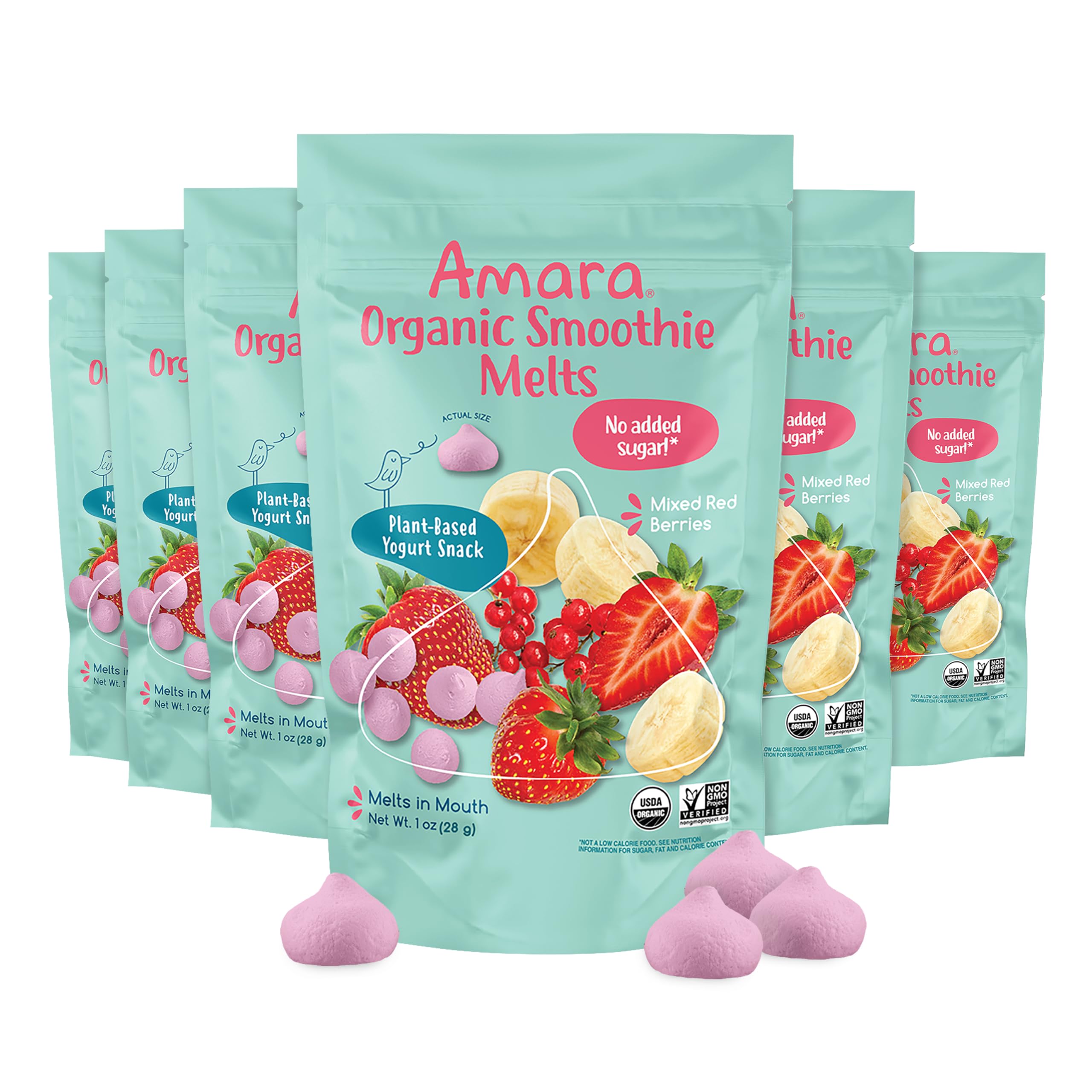 Amara Smoothie Melts - Mixed Red Berries - Baby Snacks Made With Fruits and Vegetables - Healthy Toddler Snacks For Your Kids Lunch Box - Organic Plant Based Yogurt Melts - 6 Resealable BagsUSDA Organic