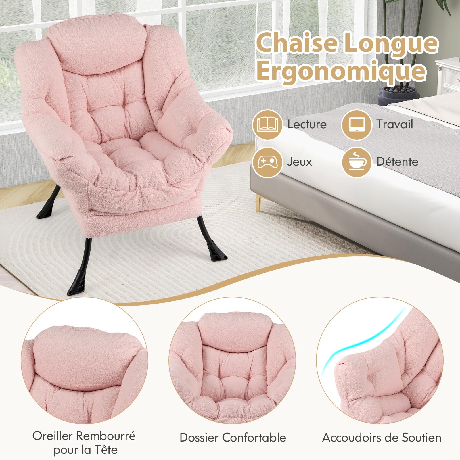 COSTWAY Fauteuil Salon Scandinave en Sherpa avec Oreiller et Poche Latérale, Relax pour Lecture, Cadre en Métal pour Charger 150 KG (Rose)