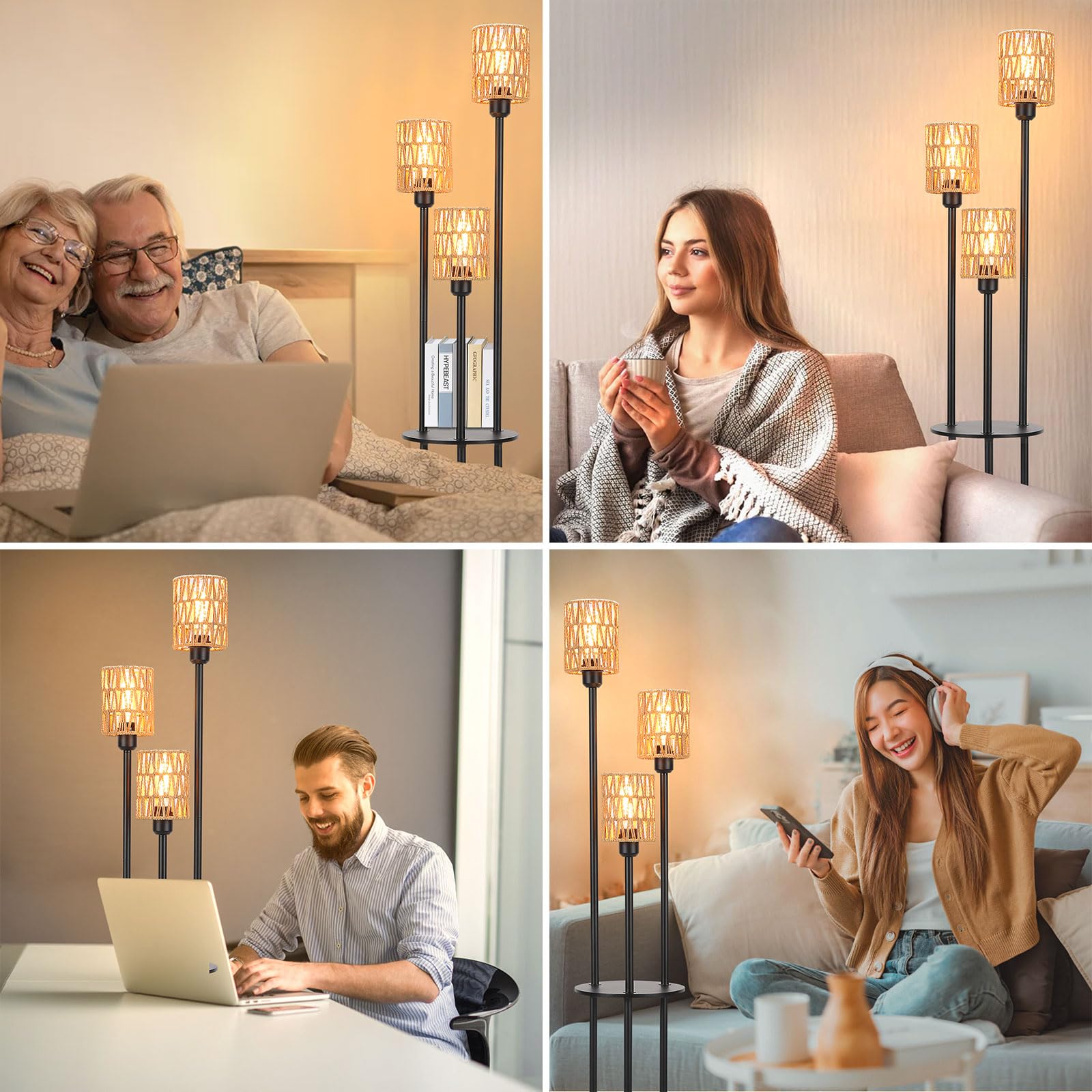Lampara de Pie Salon Ratán Bohemio, 3 Luces con Estante E27