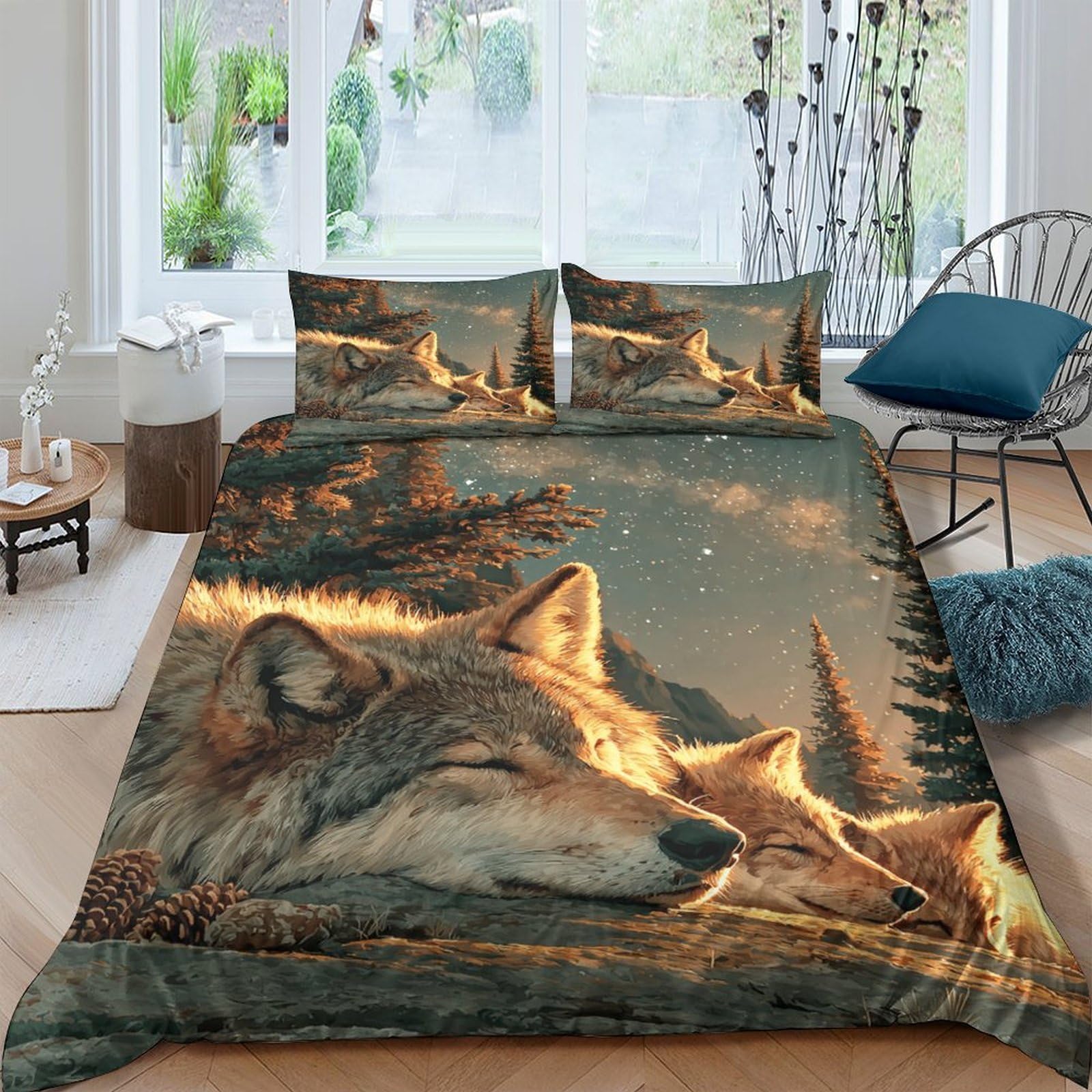 Ctjqhvkz Style-1 3D Printed Forest Wolf Fitted Sheet Microfiber Soft Breathable Sunset Wolf Mattress Cover For Bedroom Home Decor Single（135X200cm）