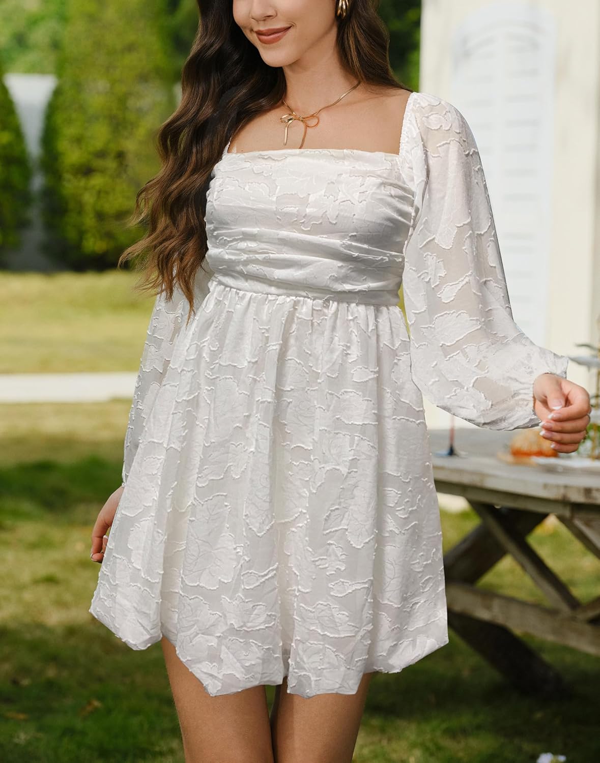 HYPERFIRE Women's Floral Square Neck Bubble Mini Dress Long Sleeve Smocked Pleated A Line Formal Short Dresses Wedding Guest - Image 5