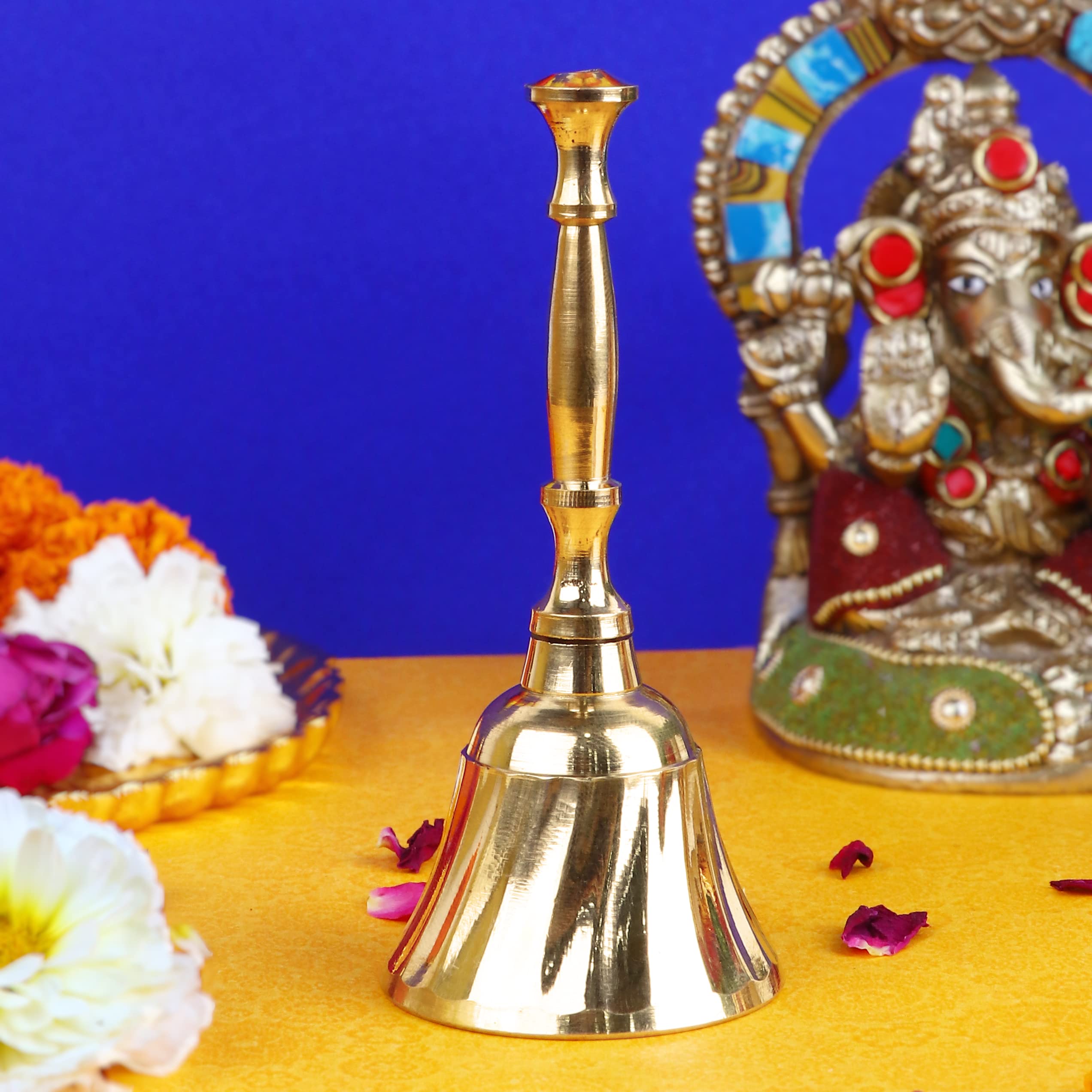 SATVIK 1PC Small - 4 Inch l Prepossessing Handheld Brass Bell For Puja l Traditional Bells for Mandir l Ideal for Daily Puja & Gifting l Add Divine Sound l Brass Ghanti for Pooja, Temple & Prayer Room