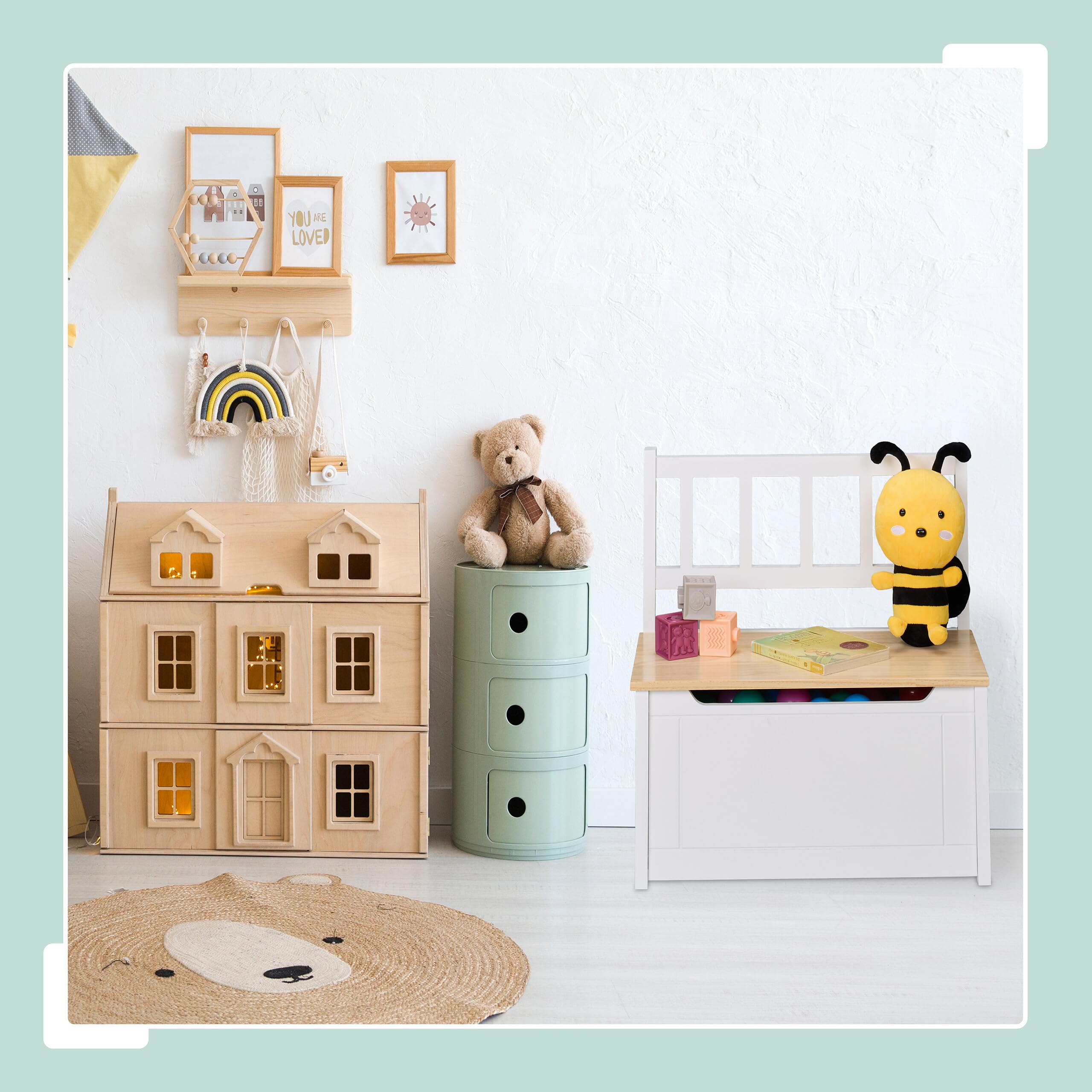 Relaxdays Panca Contenitore per Bambini, Cassapanca Portagiochi da Cameretta, HLP: 55x57x31 cm, in Legno, Bianco Marrone