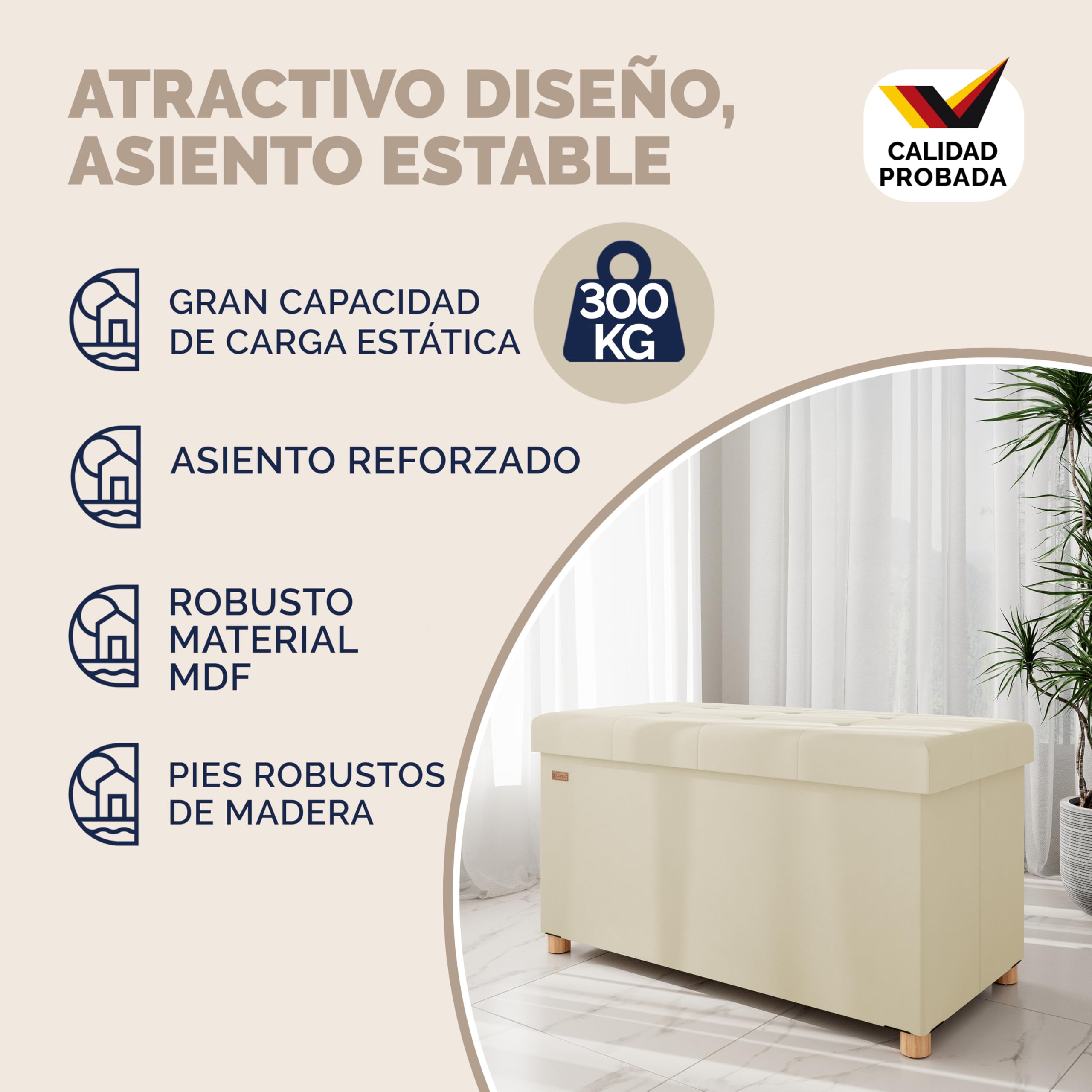 CASARIA® Banco Almacenaje Terciopelo Puff Plegable Capacidad Carga hasta 300kg Resistente 38x76x42cm Patas Madera Reposapies Salon Dormitorio Otomana Beige