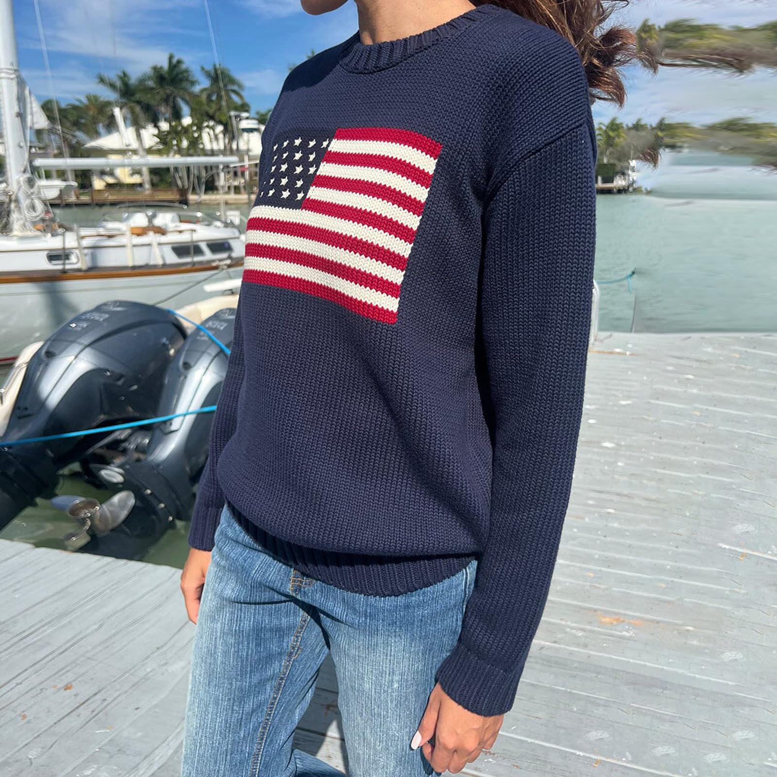 Luckinbaby Maglione con bandiera americana da donna a righe maglioni a stella USA felpa patriottica lavorata a maglia allentata pullover top