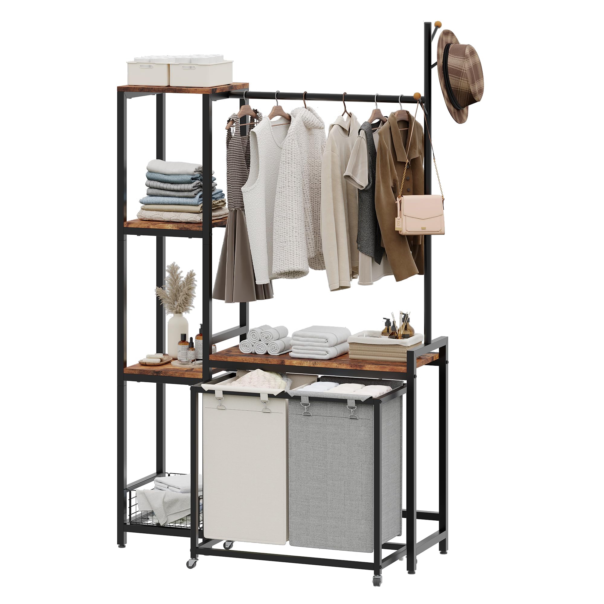Yifeel Laundry Basket, 2 Section Laundry Hamper With Shelf, Clothes Rack with Laundry Sorter, 2 x 12.4 Gal Removable Bags on Wheels, Black and Brown JLH004SR