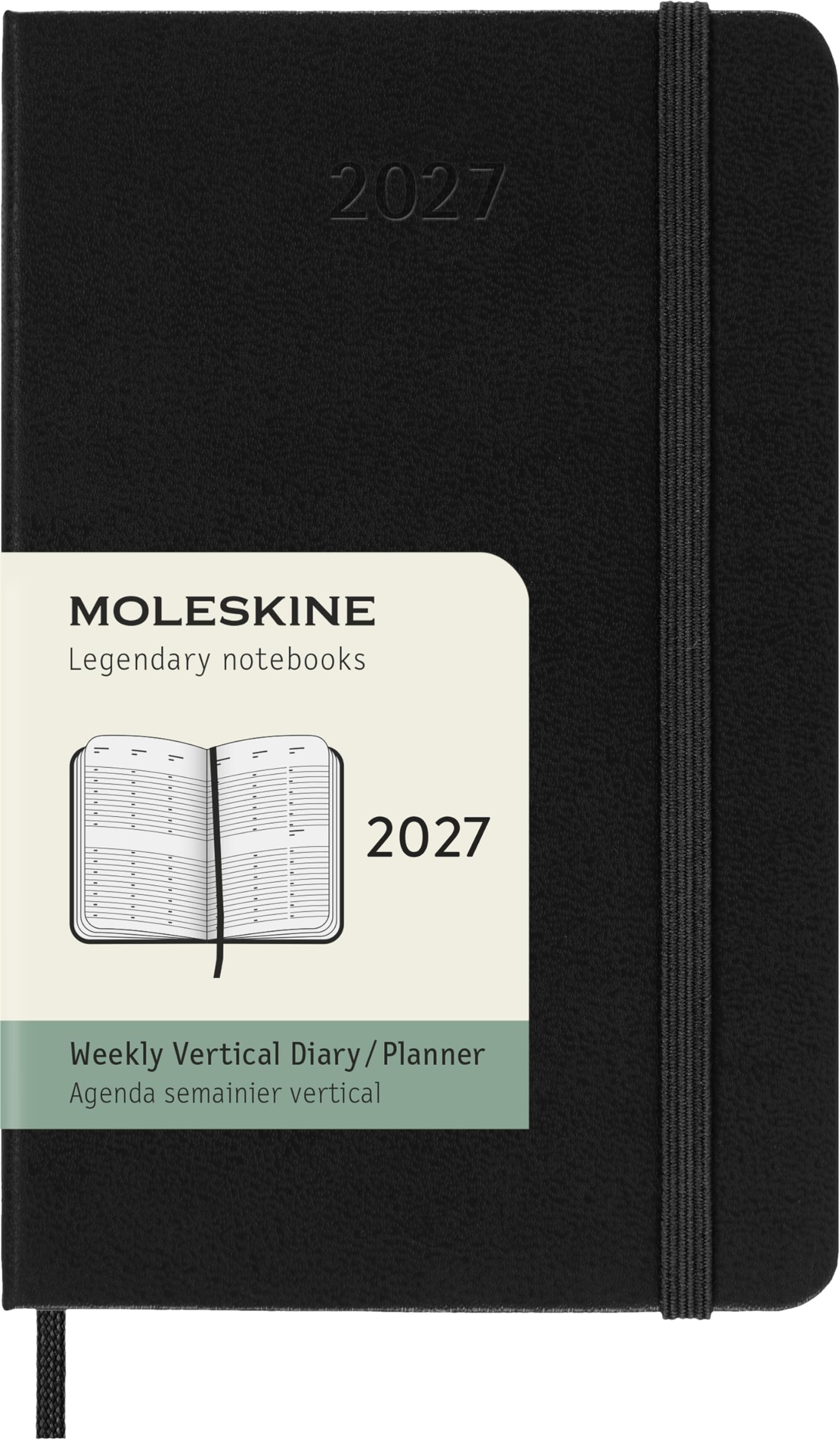 Moleskine Weekly Planner 2027, Hard Cover 12 Month Vertical Diary with Space for Notes and Elastic Closure, Pocket Size 9x14 Cm, Black