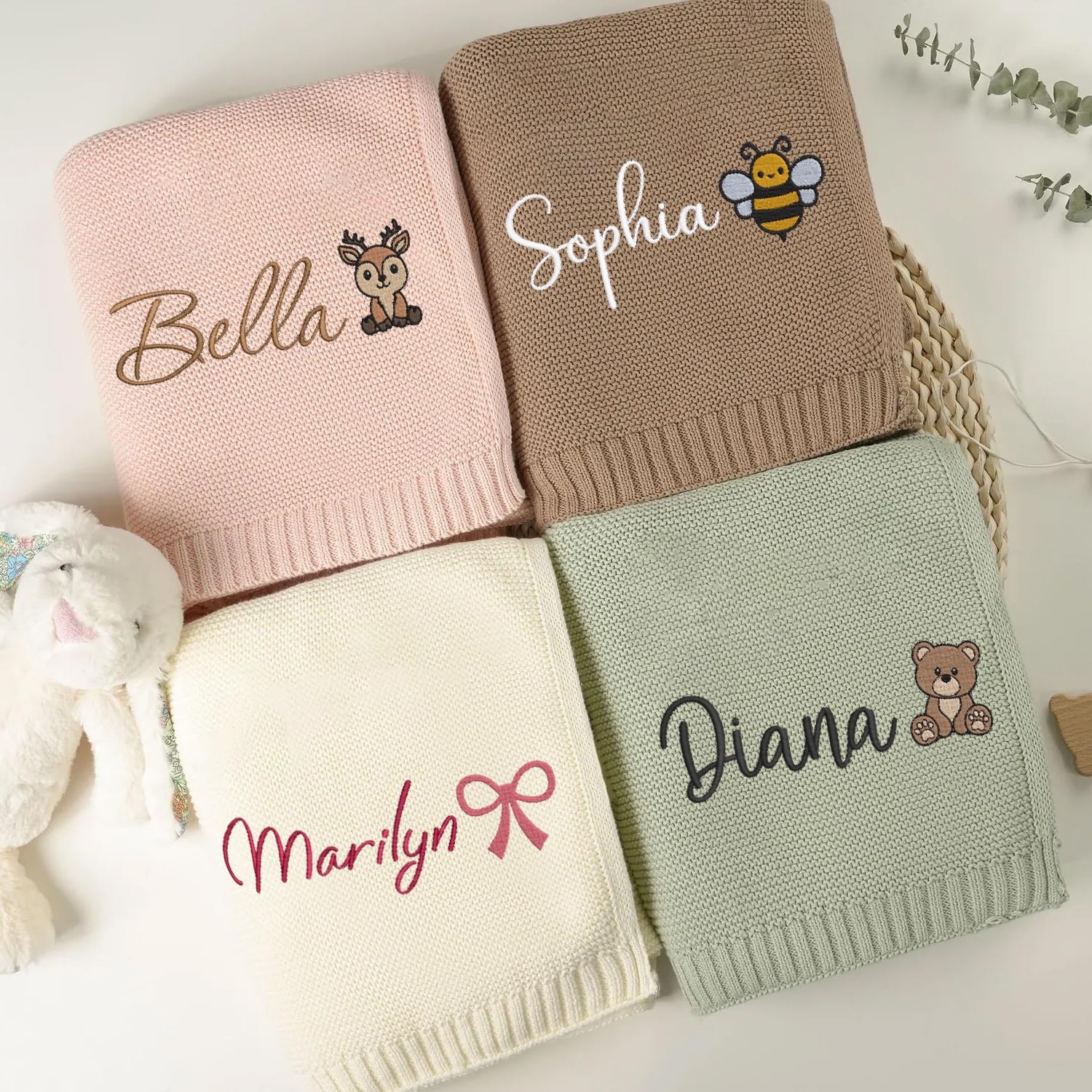 Coperta Personalizzata In Cotone Lavorata A Maglia Con Nome, Nome E Motivi Ricamati, 76 X 102 Cm, Coperta Cellulare Personalizzata Per Passeggino Neonato, Regalo Per Neo Mamme