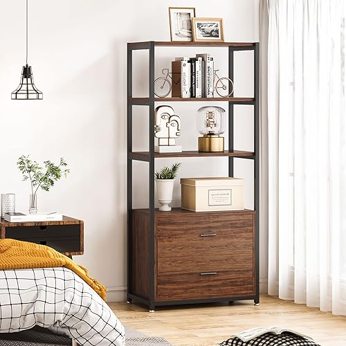 Miniatura 5 de Tribesigns Bookcase, 4-Tier Rustic Bookshelf with 2 Drawers, Etagere Standard Book Shelves Display Shelf for Home Office