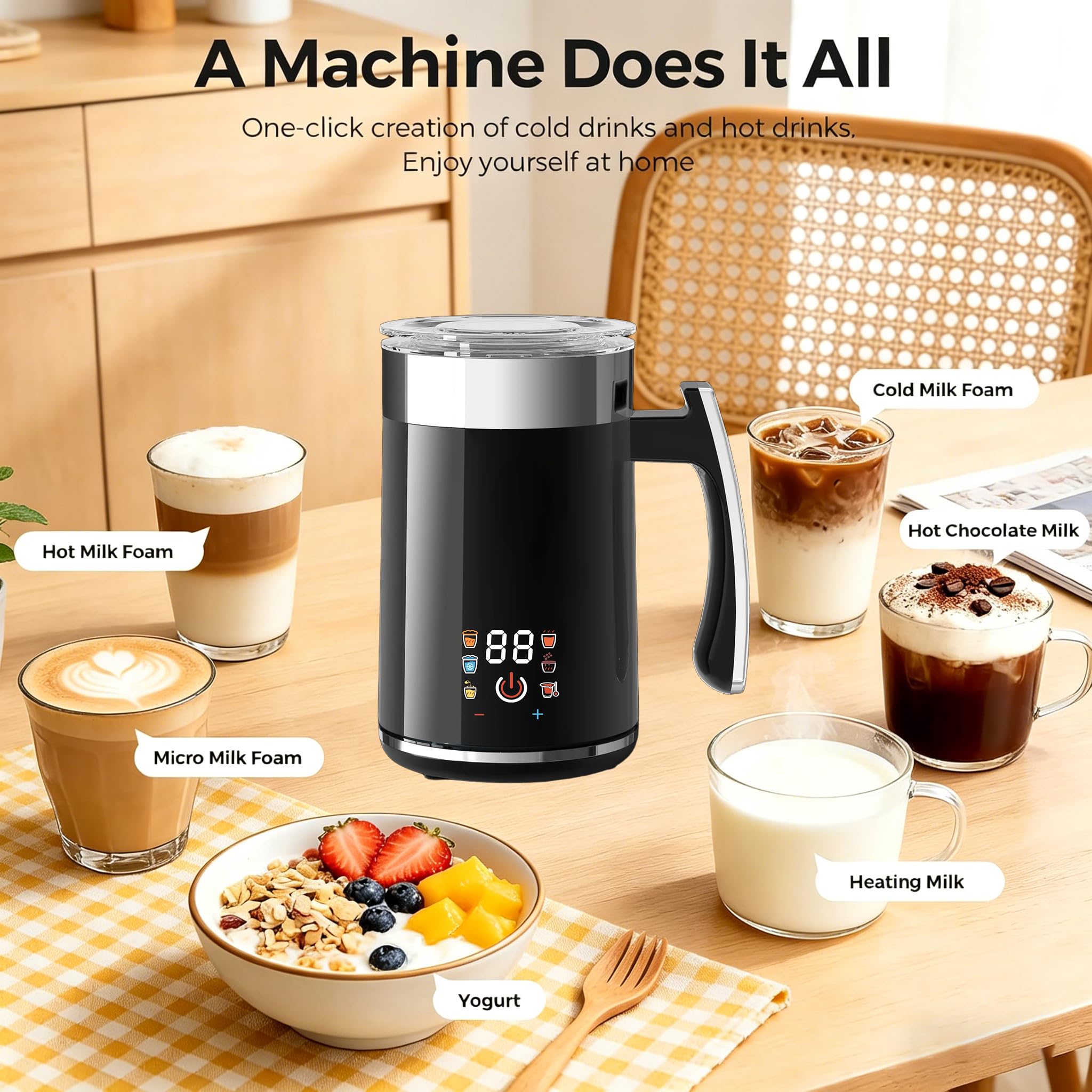 Espumador de Leche Automático Caliente Frío, 400W Magnético, Vaso 600ML Acero Inoxidable 304, 6-en-1 Multifunción, Autolimpiable para Latte Cappuccino Chocolate Caliente Yogurt