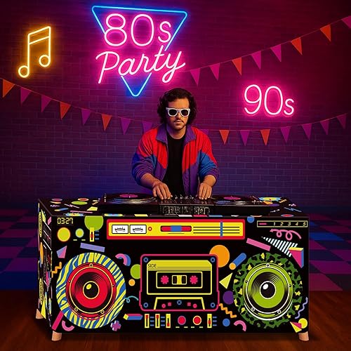 Miniatura 6 de Frienda Mantel temático de 6 pies, 80 y 90, mantel de cumpleaños de los años 80, mantel retro de radio, decoración de fiesta de hip hop, suministros