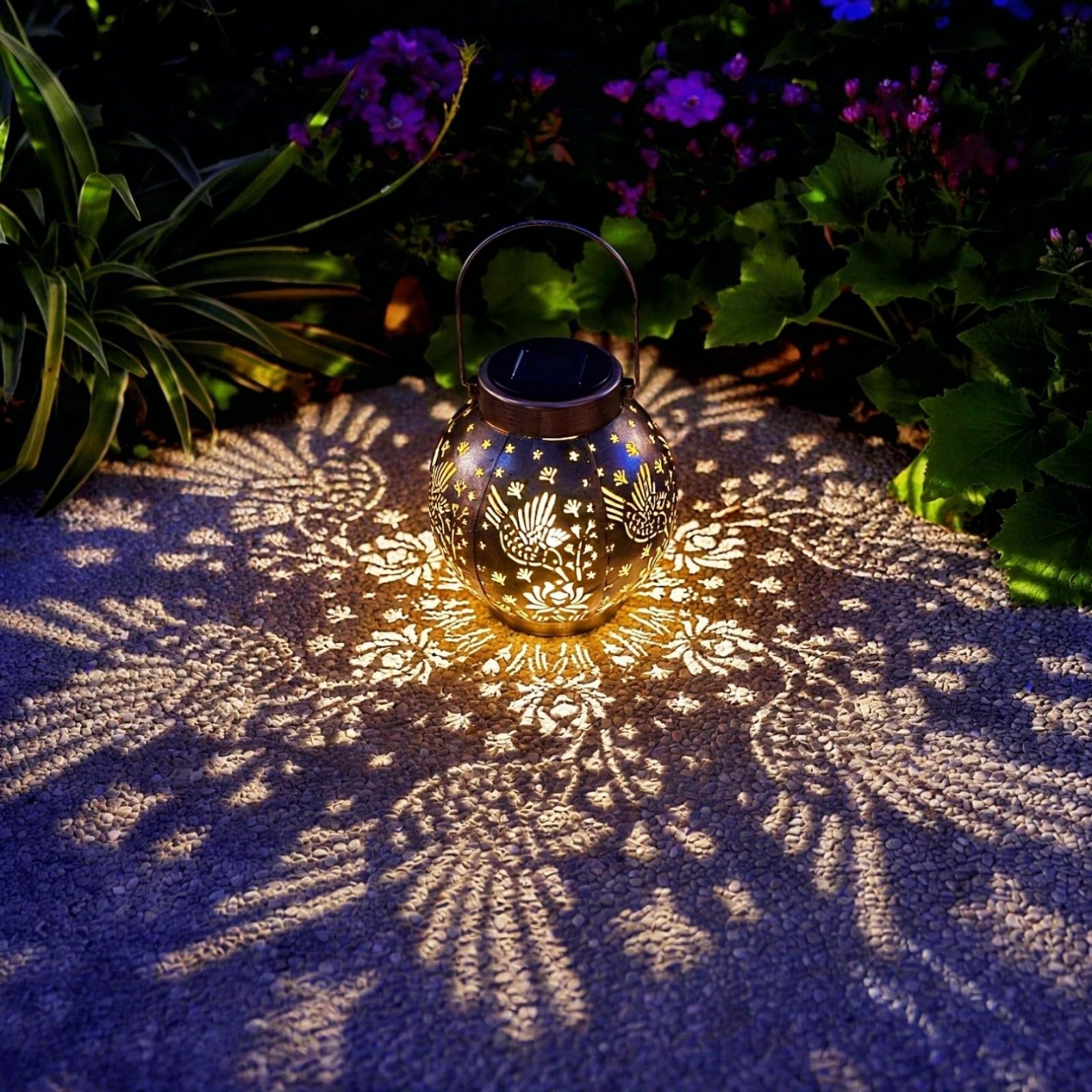 Photo 1 of 2 Pack Outdoor Solar Hanging Lantern Lights Metal LED Decorative Lamp for Garden Patio Courtyard Lawn and Table with Hollowed-Out Design (Bronze Hummingbird)
