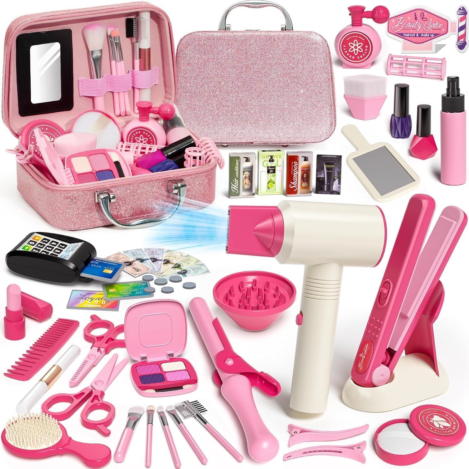 RedCrab Kids Beauty Salon Toy Set, Girls Salon Hair Stylist Pretend Makeup Kit Includes Kids Hair Dryer, Comb, Makeup Bag and Other Accessories, 3-8 Years Ideal Gift for Children