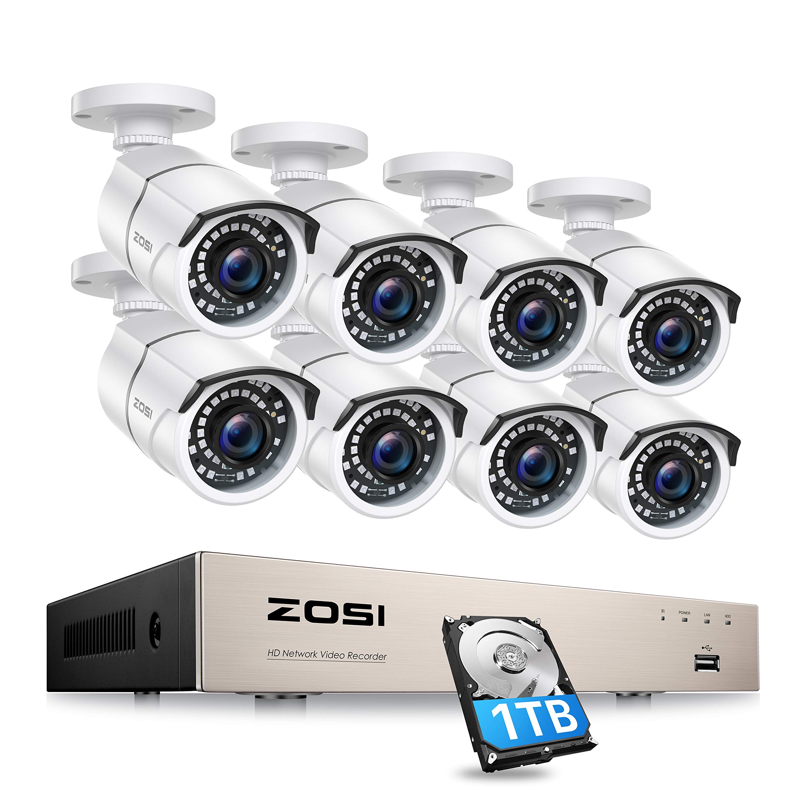 ZOSI 8CH PoE Home Security Cameras System with 1TB Hard Drive,H.265+ 5MP 8-Channel NVR Recorder and 8pcs Wired 2MP 1080P O...