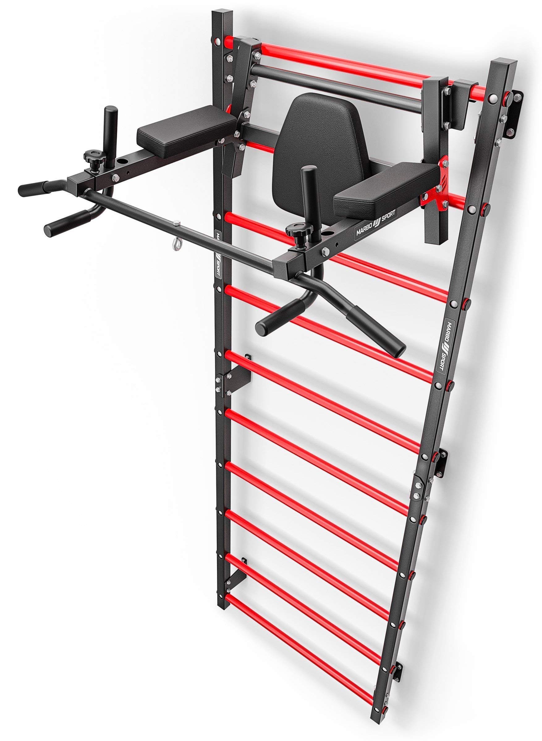 Marbo Sport - Set MHU1 - Spalliera per Montaggio a Parete 230x81 cm con Dip-Station Multifunzionale e Barra per trazioni - Palestra multifunzione, allenamento fitness e attrezzi palestra casa