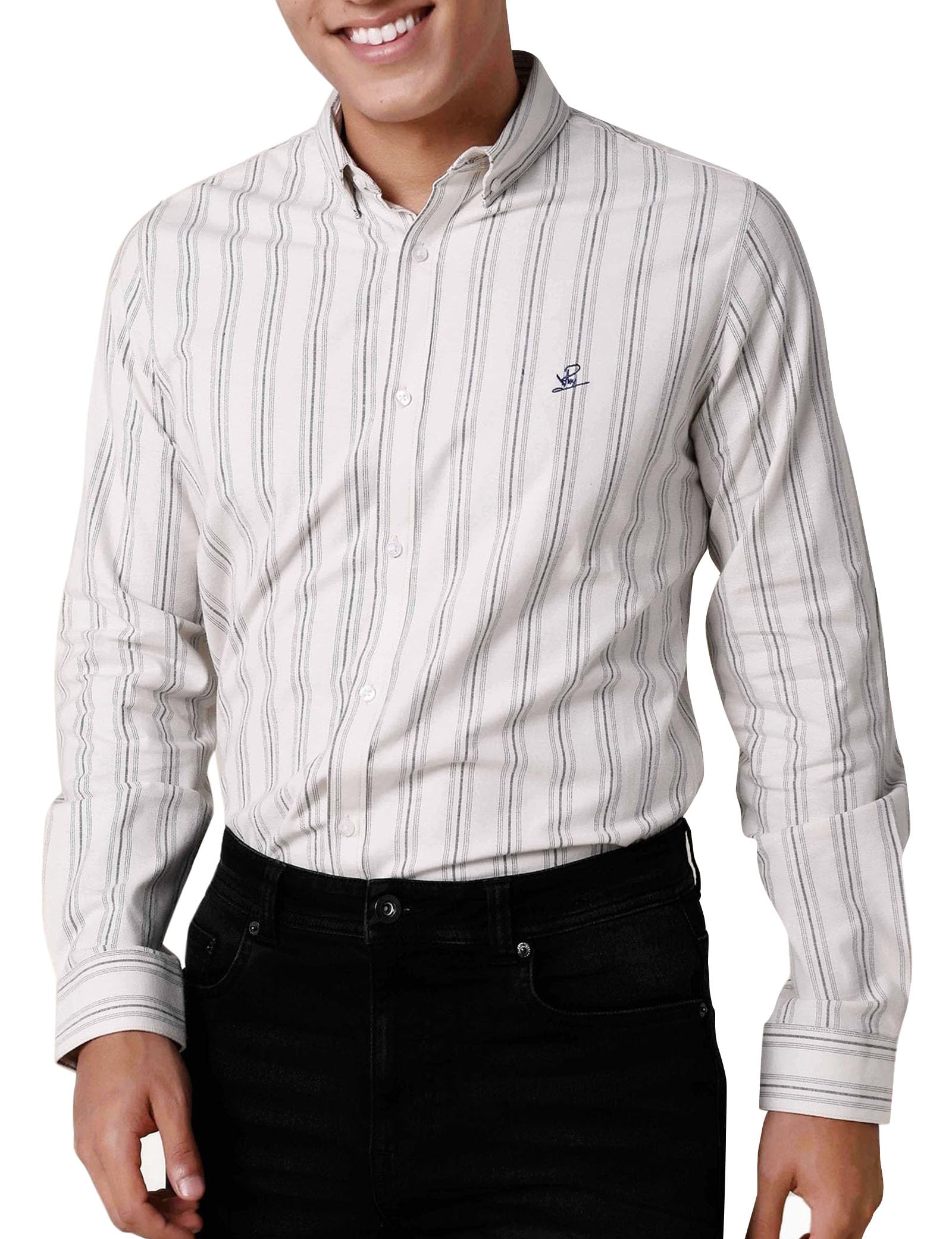 Enorsia Black Cream Textured Stripe Long Sleeve Shirt Mens M