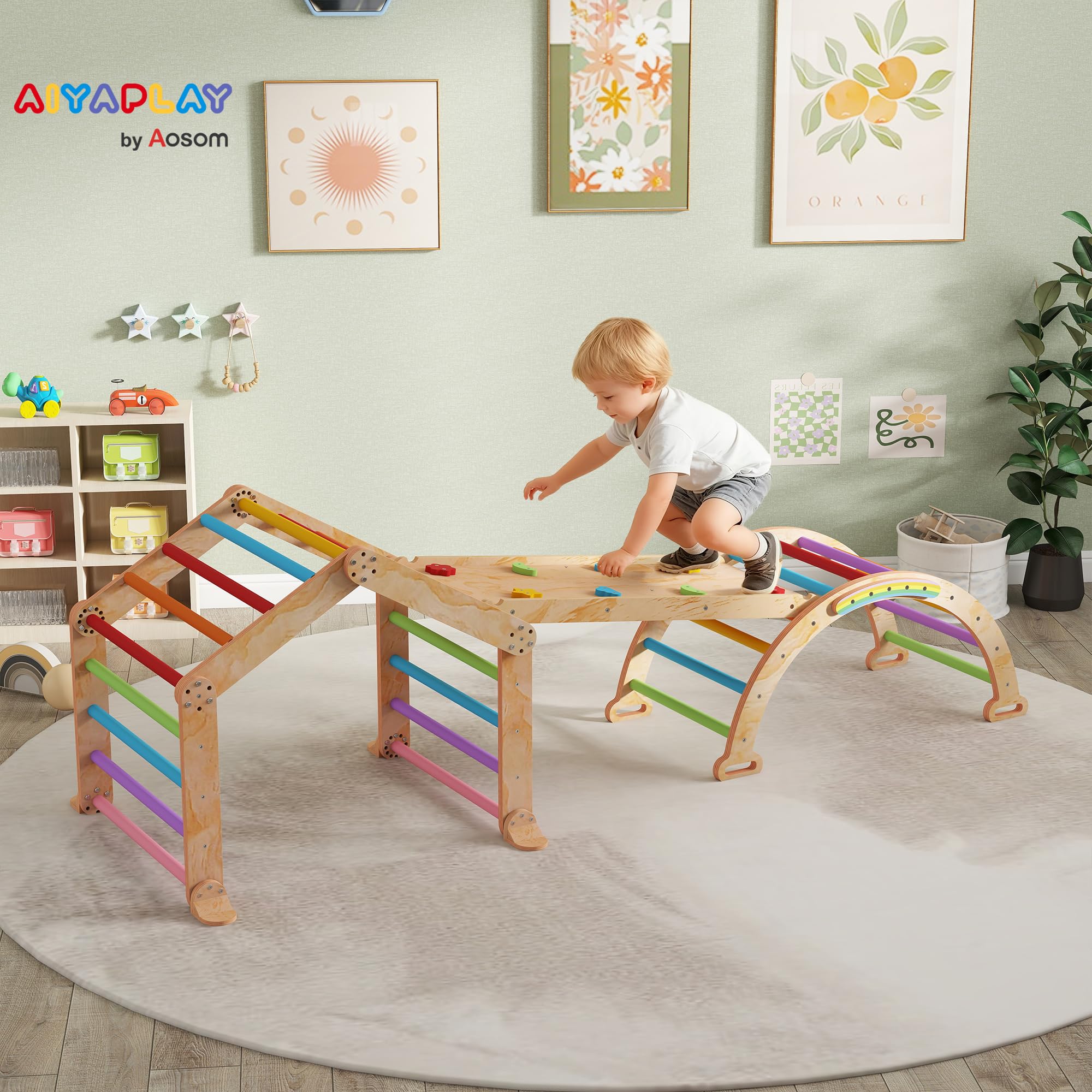 AIYAPLAY Triángulo de Escalada Infantil 9 en 1 de Madera, con Rampa Reversible, Tobogán, Basculas y Estructura de Escalada, Carga Máx. 50 kg, para bebé 18-48 Meses, Multicolor