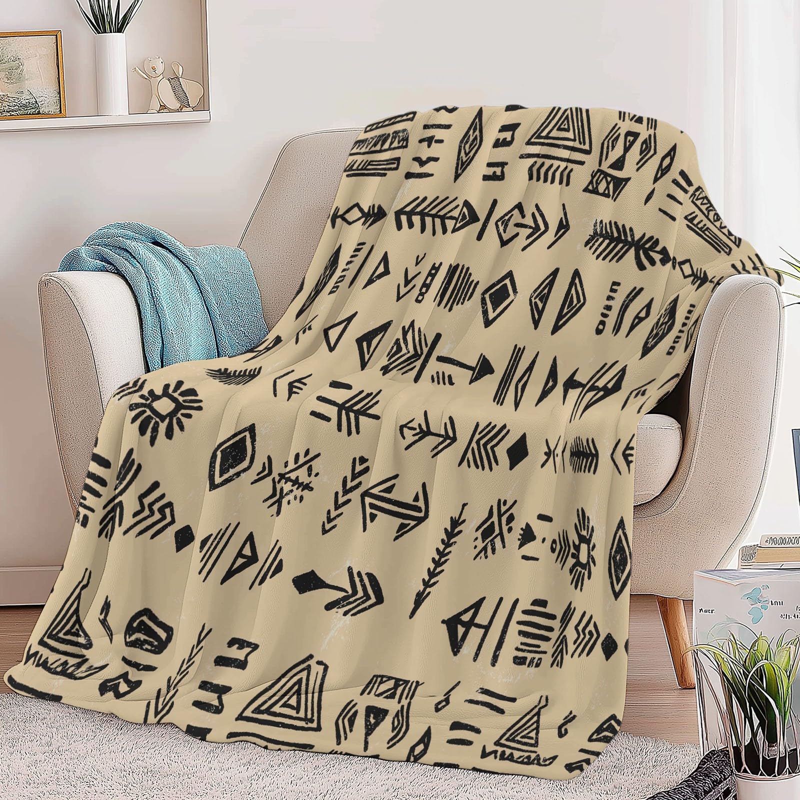 Podwójny koc polarowy kremowy, retro symbol plemienny, logo, nie gubi włosia, miękki, ciepły, narzuta na sofę, dwustronne narzuty na łóżko, sofę, kanapę