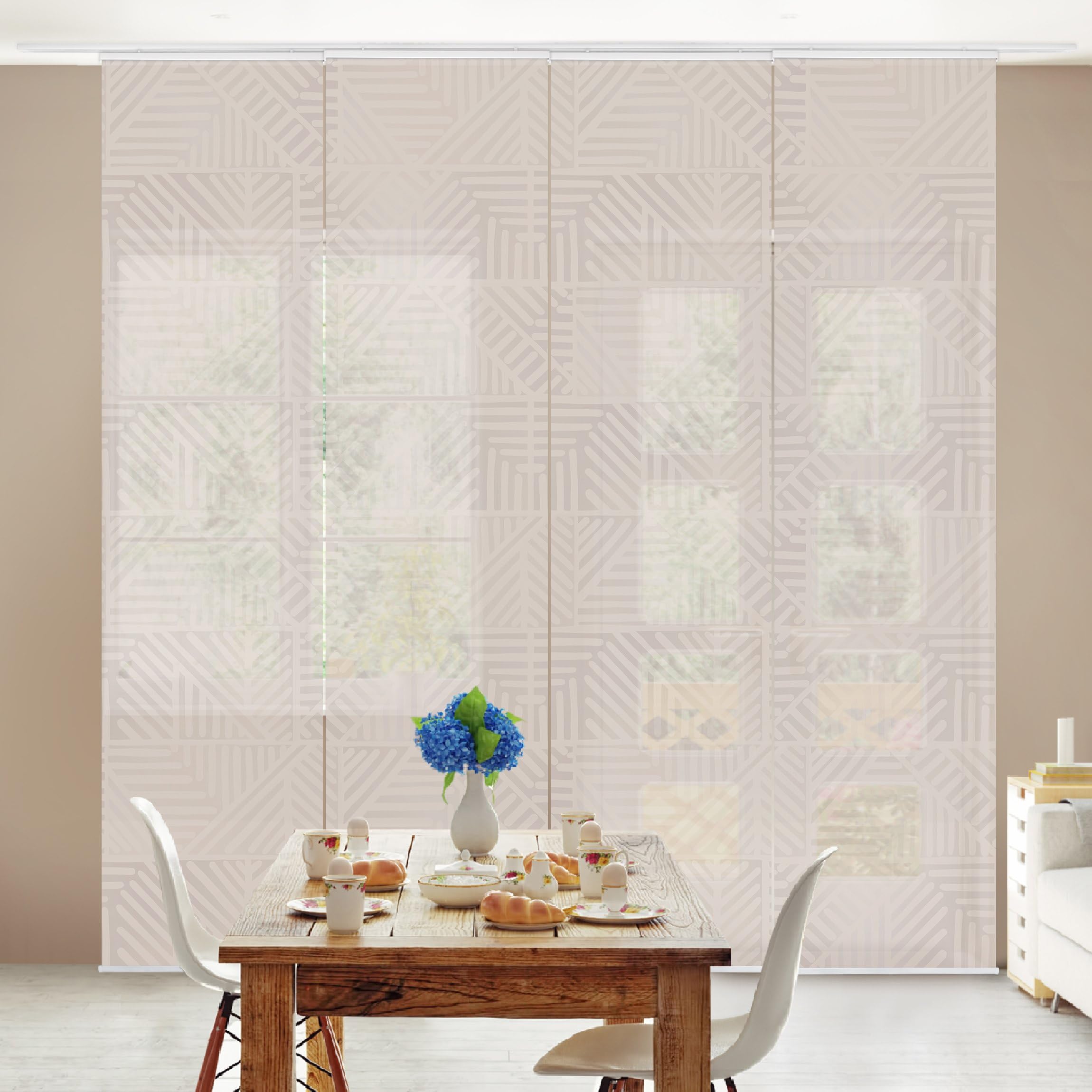 Schiebegardine halbtransparent 60er Paneel Klett Muster Textil lichtdurchlässig - Motiv Modern Flächenvorhang beige Wohnzimmer Schlafzimmer 2388 (240x250 cm - 4er Set)