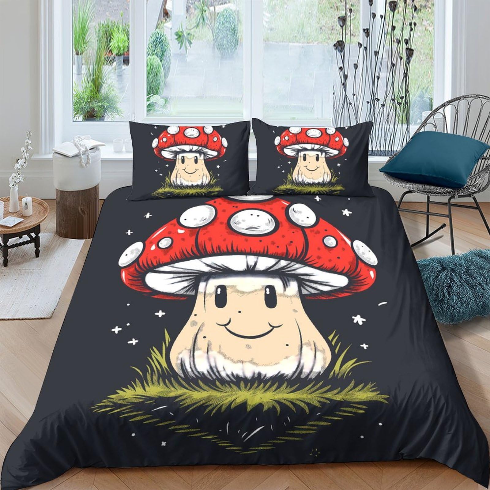 Ctjqhvkz Style-7 3D Printed Cartoon Mushroom Fitted Sheet Microfiber Soft Anti-Slip Red Toadstool Bed Cover Bedroom Decor Single（135X200cm）