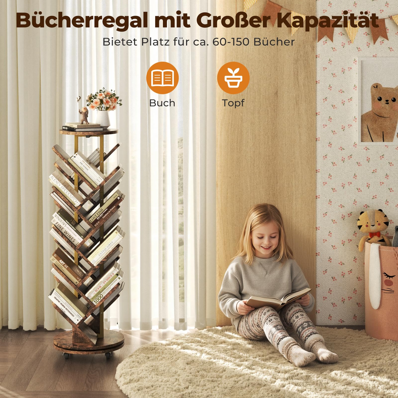 HOMRELEXA 360° Drehbares Bücherregal Baumform, Bücherregal Drehbar Standregal Multifunktionales 17 Ebenen, Beweglich und Feststellbar, für Wohnzimmer Büro Schlafzimmer, 40x40x127cm, Braun
