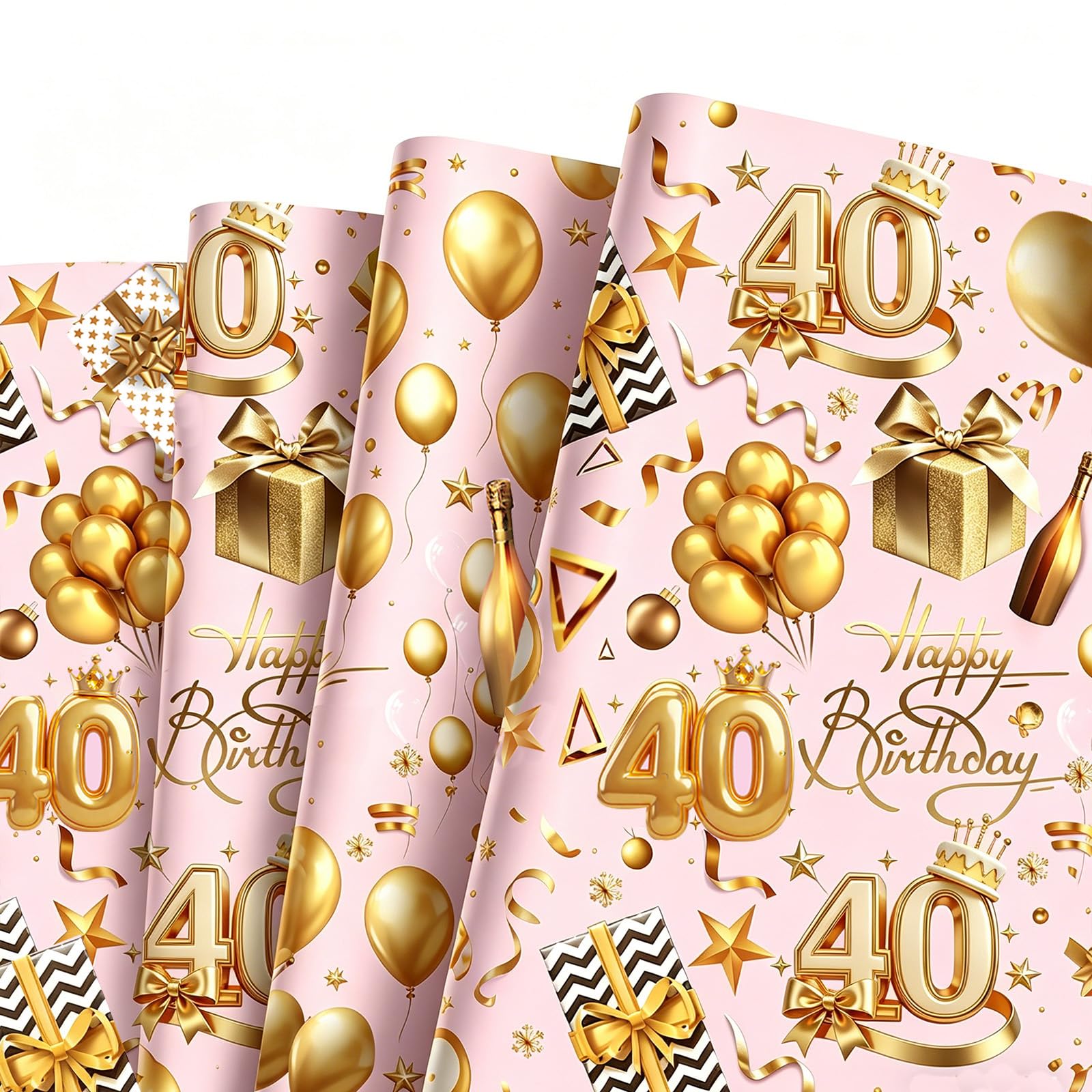 5 Sheet 40th Birthday Wrapping Paper, 70x50cm Pink Gold Gift Wrap with 1 Roll 5M Ribbon for Gift Pack, Eco Gift Wrapping Paper Sheet for Woman Ladies Female Birthday Present Decoration