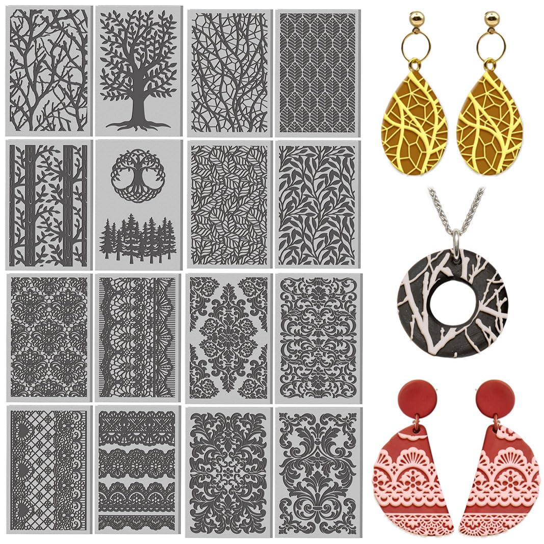 16 Sheets Tree Pattern Clay Texture Mat Lace Element Polymer Clay Texture Sheets DIY Tools for Pottery Earring Jewelry Making Stamp Engraving Machines, 4x2.6inch
