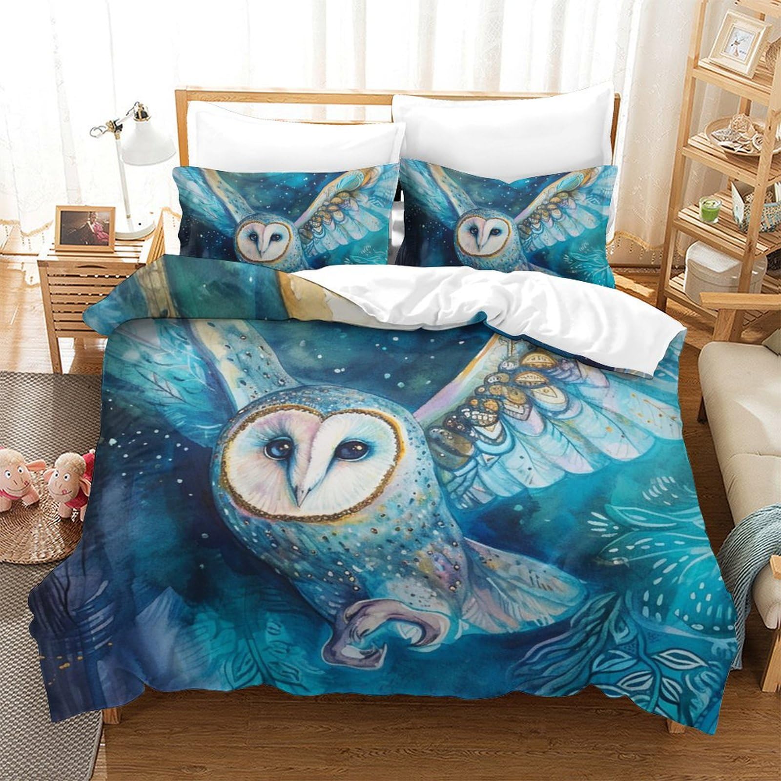 Housse de couette Chouette Blanche 200x200cm avec 2 taies d'oreiller en microfibre respirante