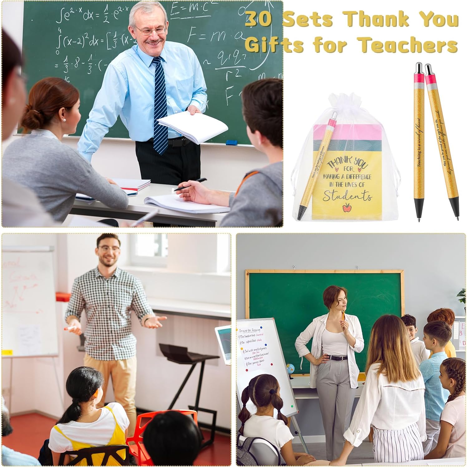 ReliThick 30 Sets Teacher Appreciation Week Teachers Notebook Pens Bulk Inspirational Notebook Journal Glitter Ballpoint Pens with Organza Bag for Woman Employees Coworker Staff Team