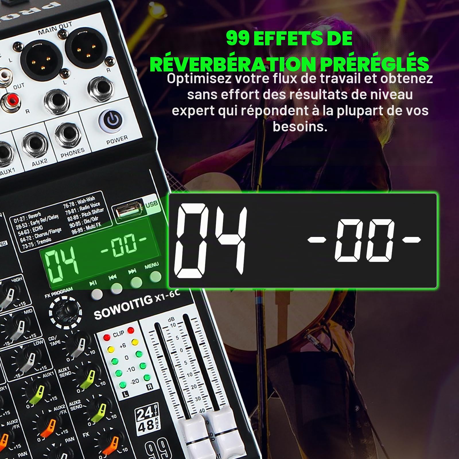 Console de mixage audio 6 canaux avec 99 effets DSP, mixeur DJ numérique, table de mixage professionnelle avec USB, Bluetooth, alimentation fantôme 48 V