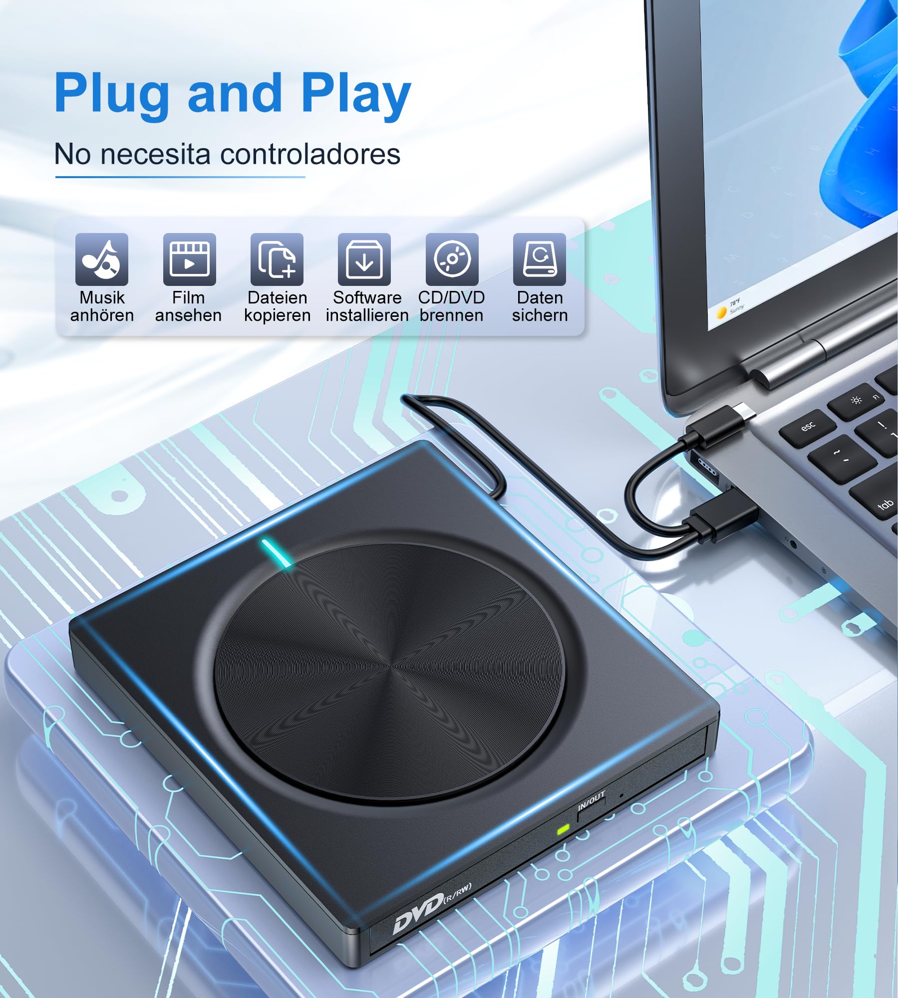 Lector CD/DVD Externo, Grabadora Externa con USB 3.0 y USB-C, Unidades Portátil CD/DVD /-RW/ROM Estable, Lector Tarjetas SD TF y 2 Puertos USB 3.0 para PC/Portátil/Win 11/10/8/7/XP/Vista/MacOS/Linux
