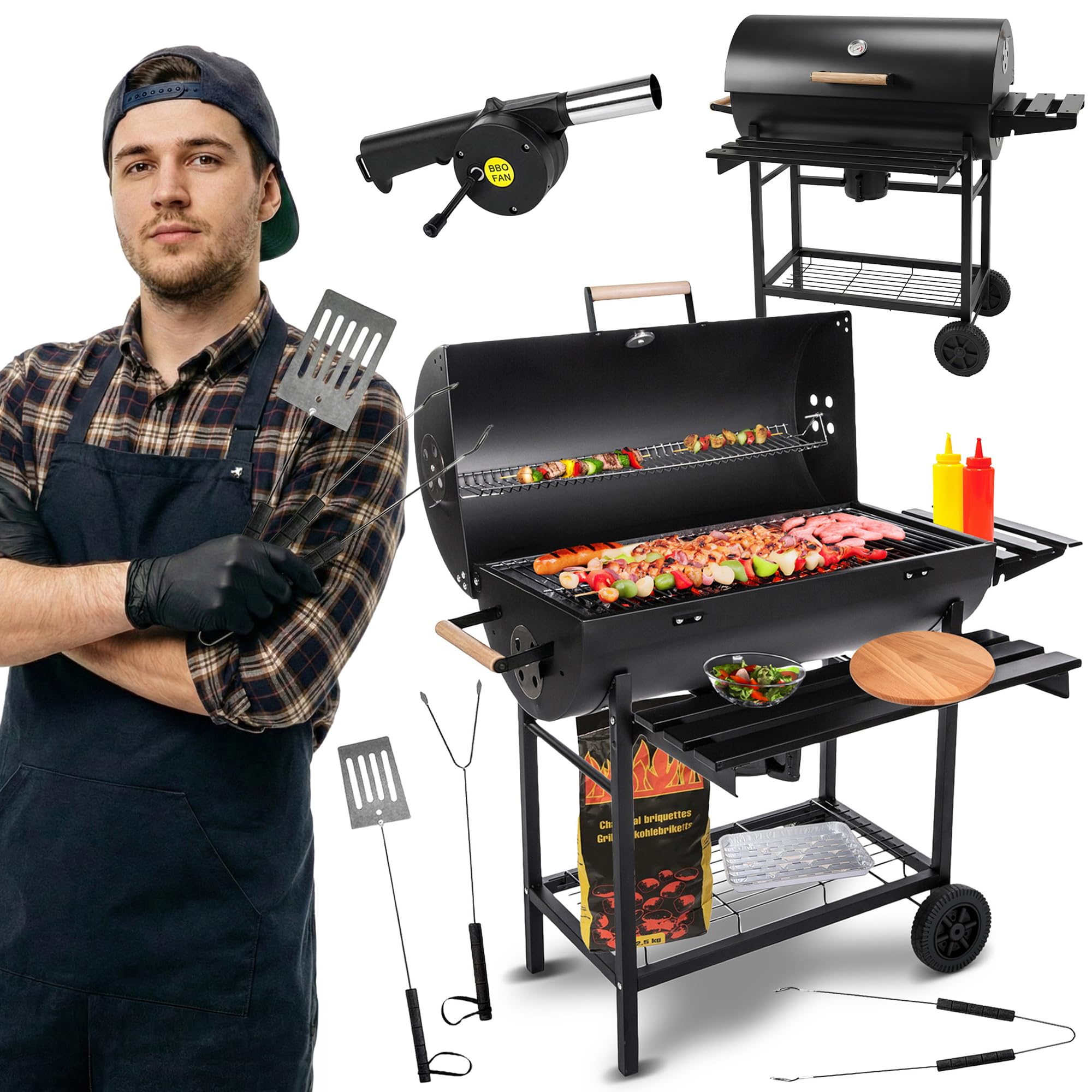 Five-Star Grill & Chill Barbecue charbon de bois - barbecue de jardin barbecue charbon grande grille chromée 71×35 cm couvercle cendrier thermomètre deux roues de transport BBQ GC0002