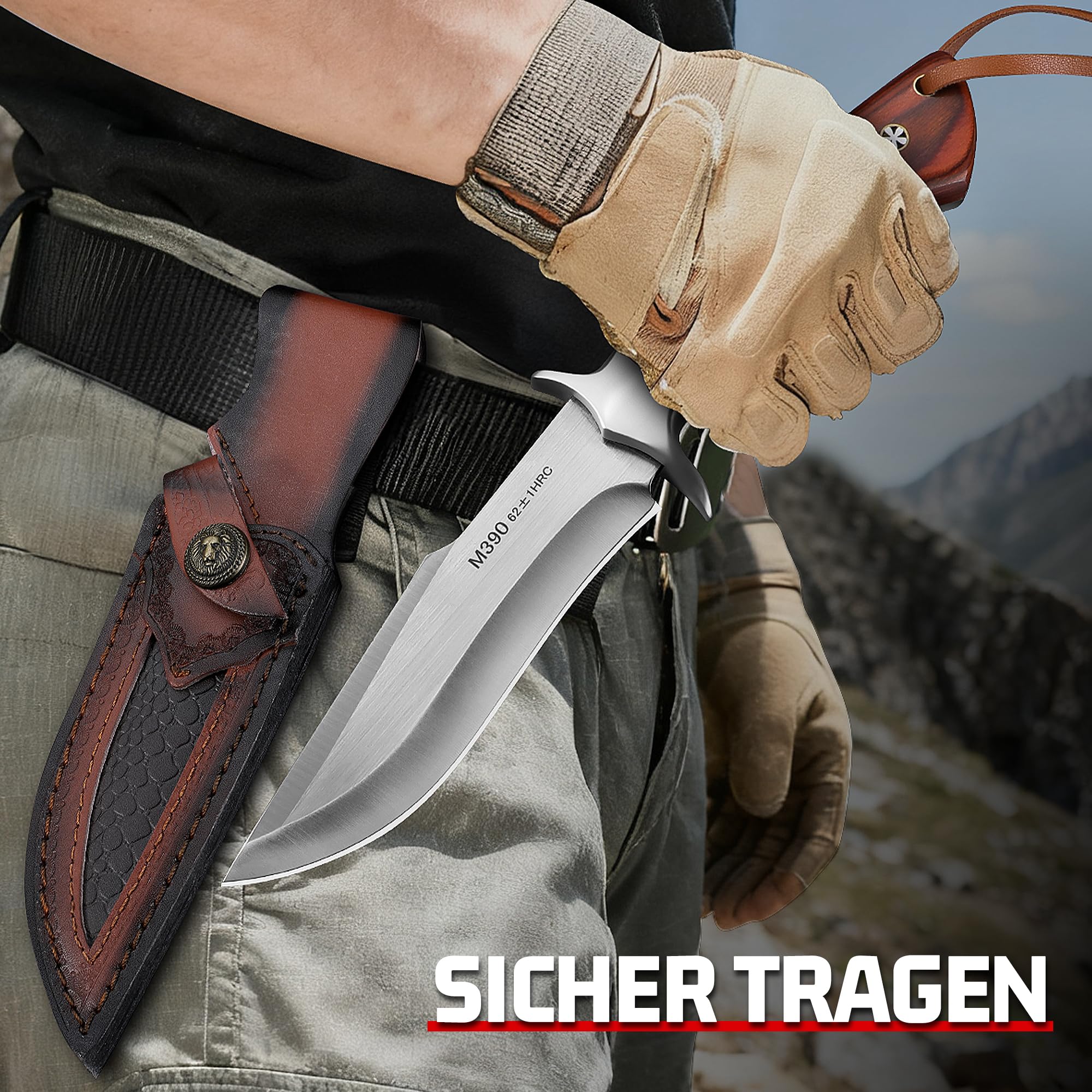 Plys Jagdmesser Feststehende Klinge Outdoor messer: Survival Messer aus M390-Stahl, mit Holzgriff, Lederscheide und Paracord Armband, Geeignet für Camping, Wandern und als Geschenk für Männer