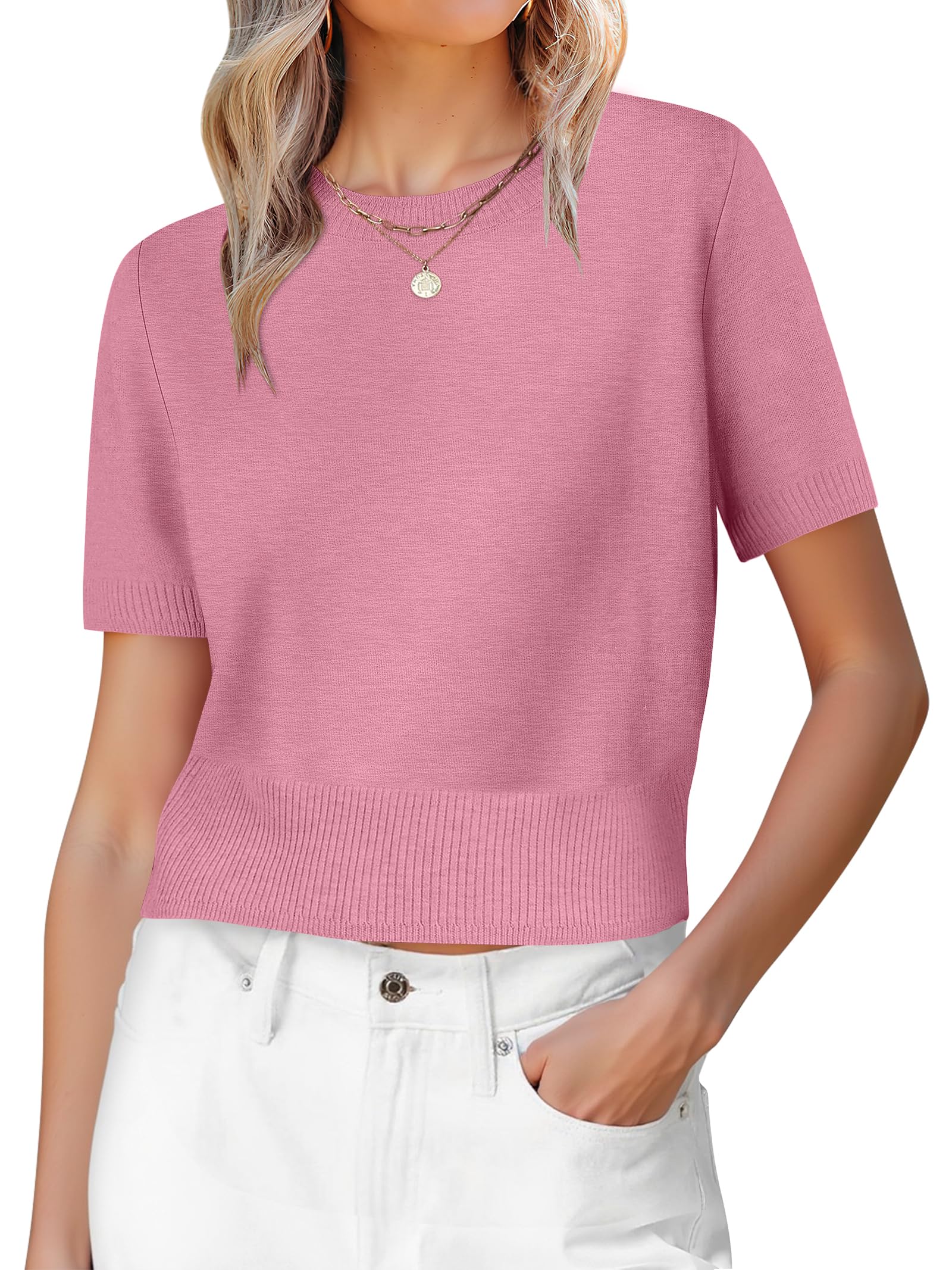 Womens Short Sleeve Sweaters Cropped Crew Neck Business Casual Lightweight Sweater Tops 2026 Spring Summer Outfits-image-43