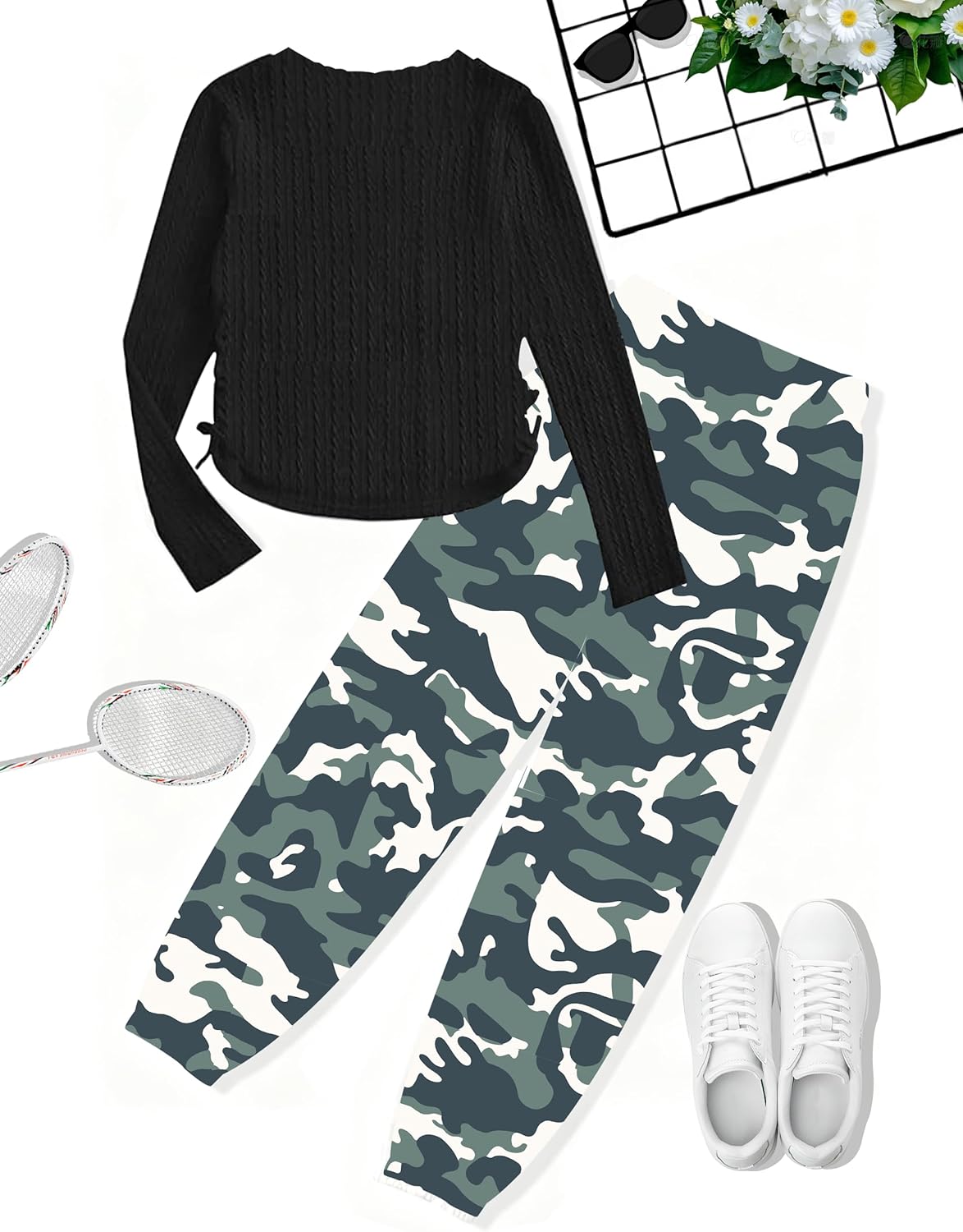 Girls Clothes Long Sleeve Ribbed Knit Drawstring Top Camouflage Pants 2 Piece Girl Fall Winter Outfit Set - Image 5