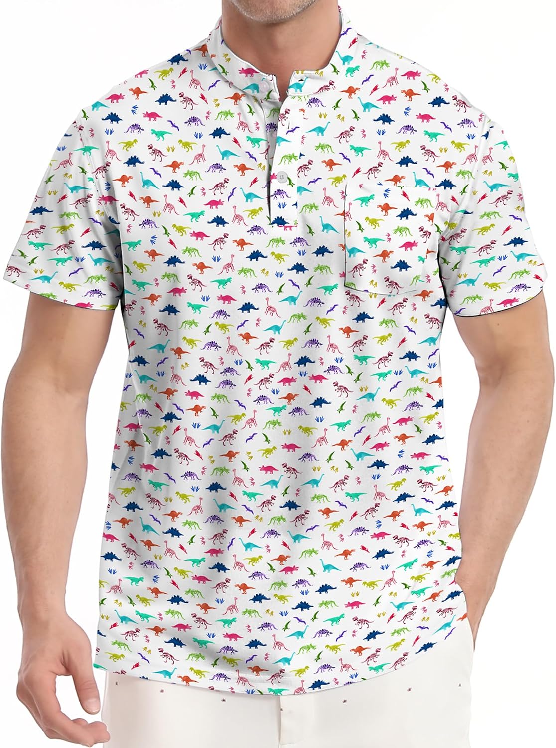 Golf Shirts for Men Printed Henley Shirts Collarless Golf Polo Shirt Short Sleeve with Pocket