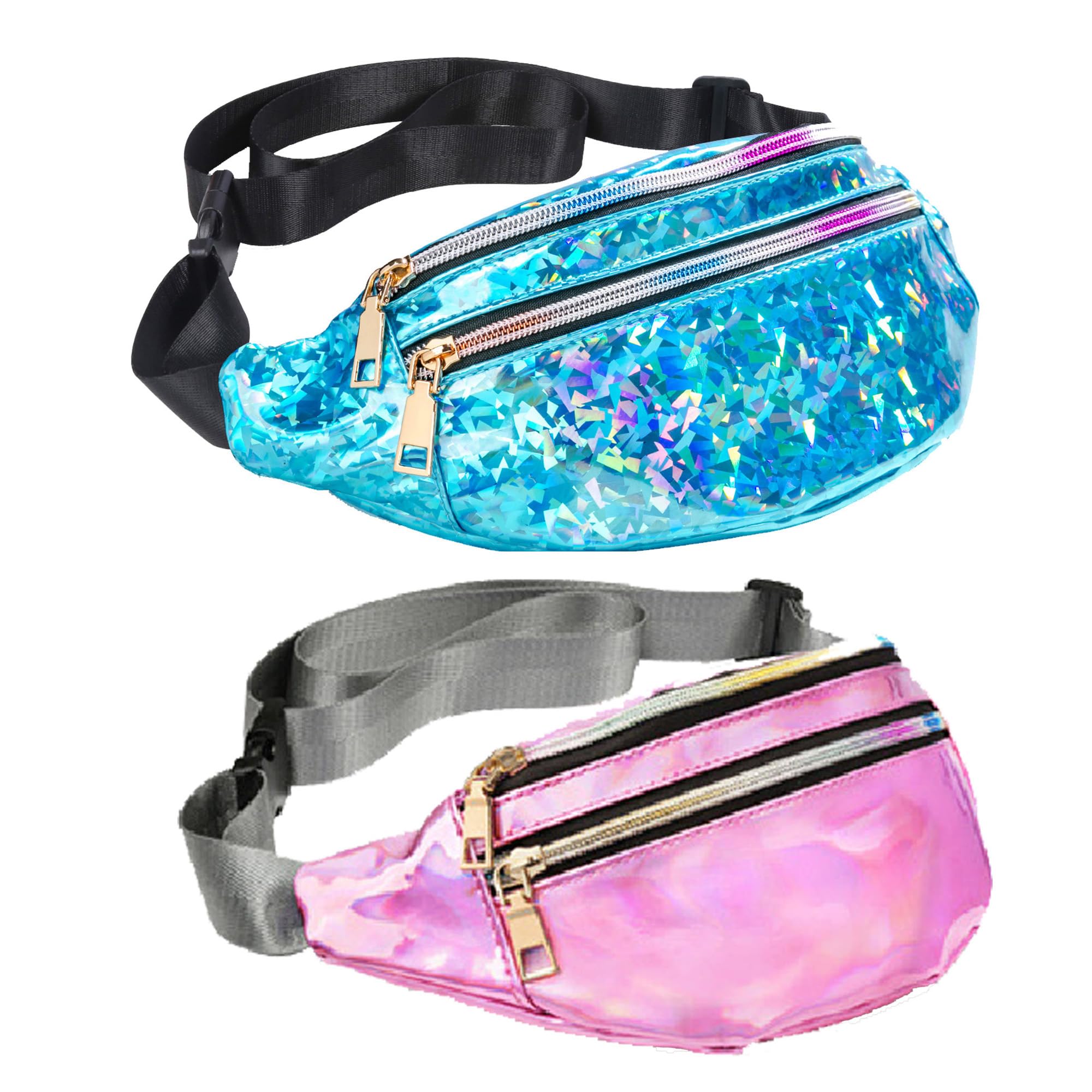 Photo 1 of 2 Pieces Holographic Fanny Packs Waterproof Color Sport Waist Pack with Adjustable Belt for Rave Party Festival Travel Blue