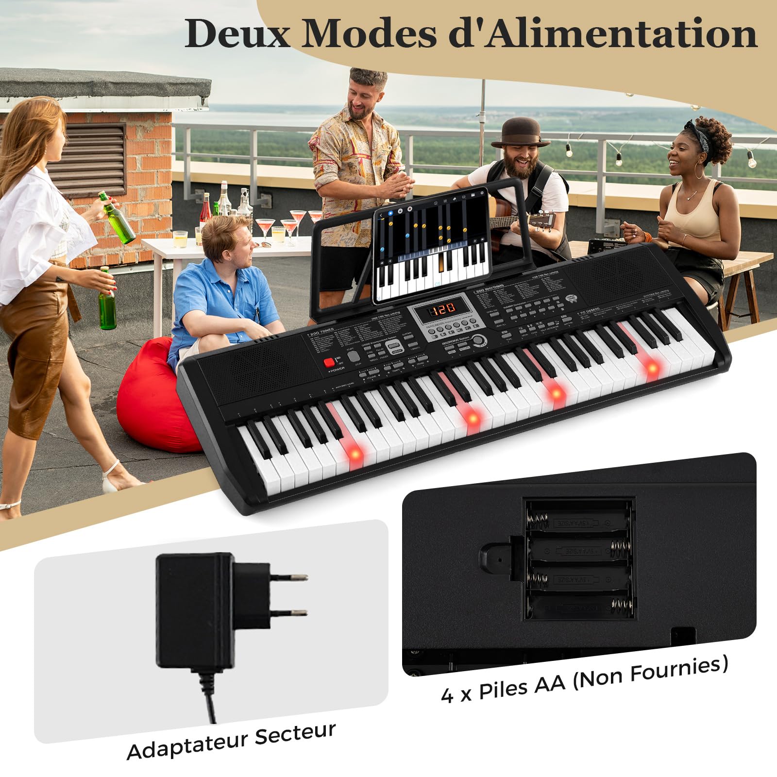 COSTWAY Piano Numérique 61 Touches avec Casque Pupitre Microphone, Clavier Piano avec 2 Haut-Parleurs, Touches Lumineuses, Mode d'apprentissage, 200 Sons 200 Rythmes 70 Démo pour Débutants
