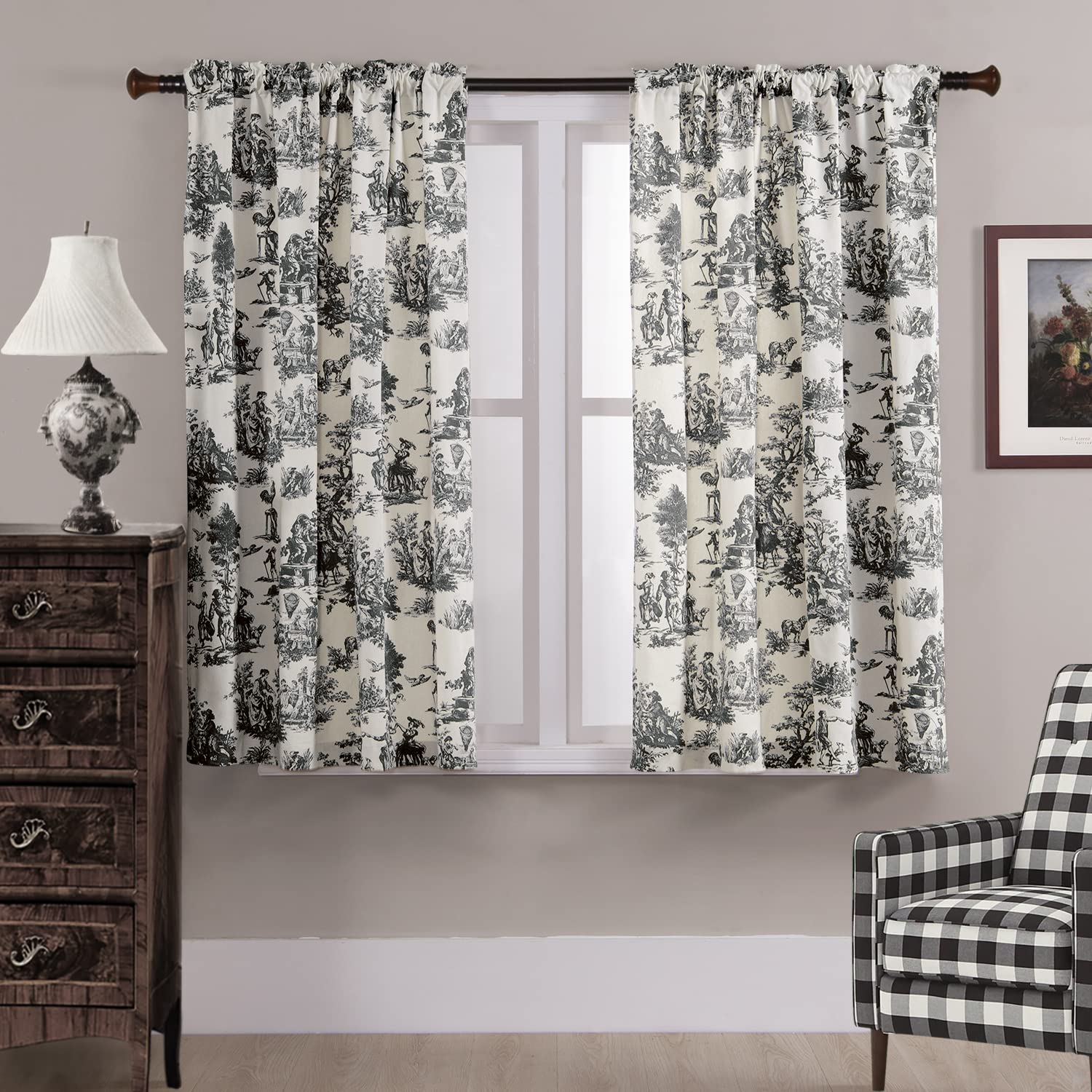 XTMYI Grau-schwarze Vorhänge für Küche, kleines Fenster, modernes Bauernhaus, Baumwolle, Privatsphäre, halbdurchsichtig, Toile-Druck, Design Stangentasche, 101.6x121.9 cm Länge, 2 Paneele Set — image 1
