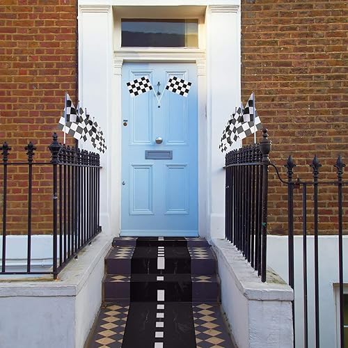 Miniatura 6 de Tapete de carreras de 13 pies de largo (2 pies de ancho) y 12 piezas de bandera de carreras a cuadros en blanco y negro para dos decoraciones de