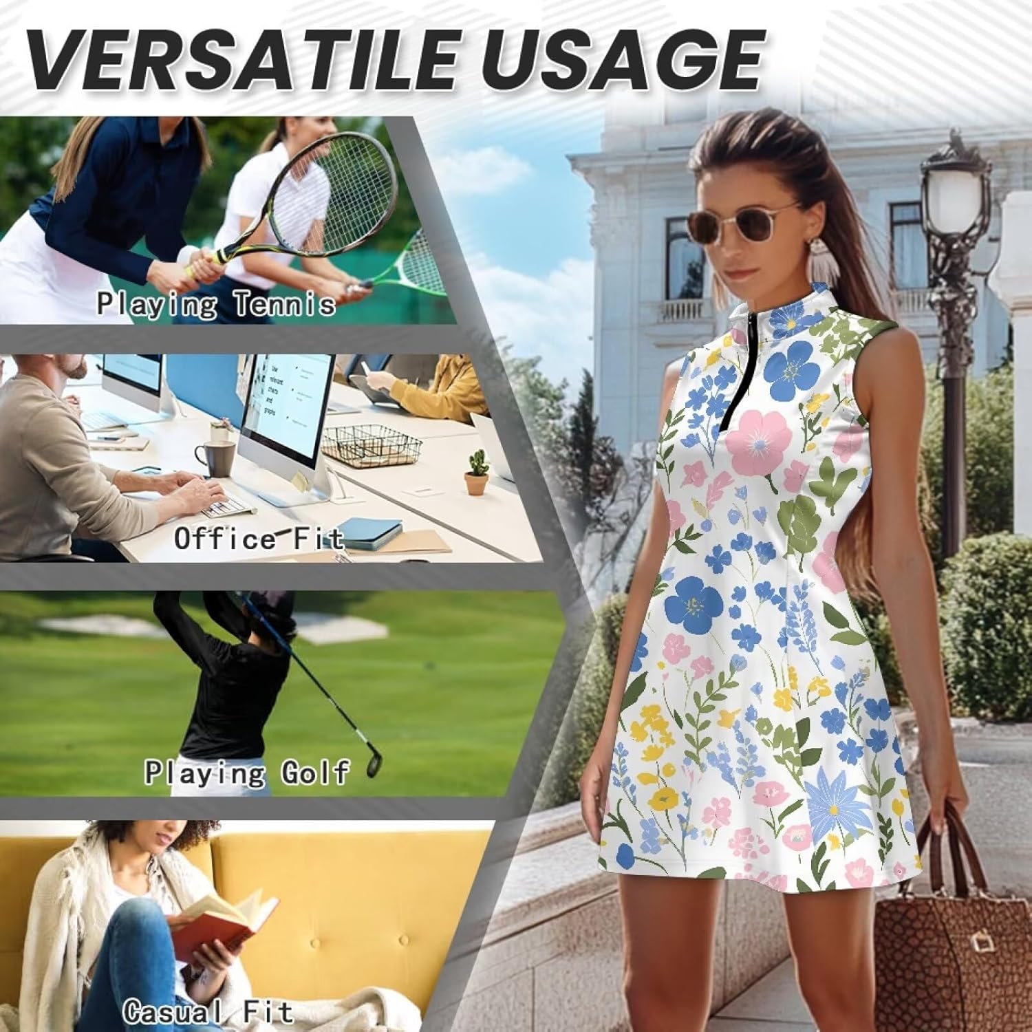 Daisy Flower Womens Tennis Dress Pumpkin Maple Leaves Stand Collar Golf Outfits Cartoon Capybara Athletic Dress