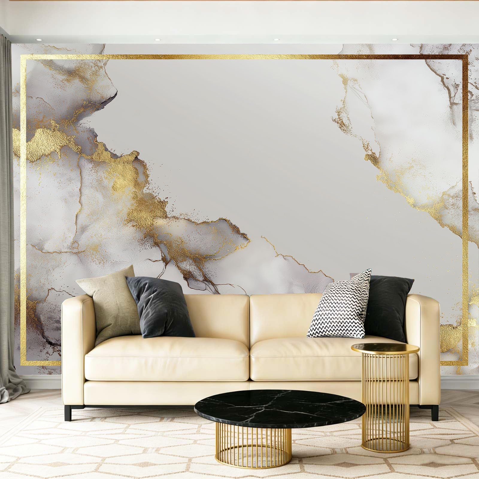Panoramiczna tapeta 400 x 280 cm, nowoczesny wzór marmuru ze złotymi krawędziami, dekoracja ścienna do garażu i dużego salonu, złota