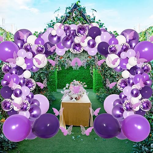 Miniatura 4 de PERPAOL Kit de 150 guirnaldas de globos morados con calcomanías de mariposa, globos de aluminio de color blanco macarrón metálico púrpura confeti